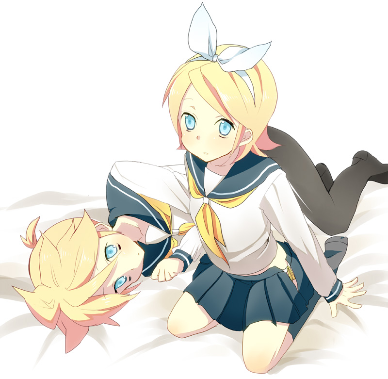 ecocube, eka eri, kagamine len, kagamine rin, vocaloid, bad id, bad pixiv id, 1boy, 1girl, blonde hair, blue eyes, brother and sister, crossdressing, hair ribbon, panties, pantyhose, ribbon, school uniform, serafuku, short hair, siblings, skirt, socks, trap, twins, underwear