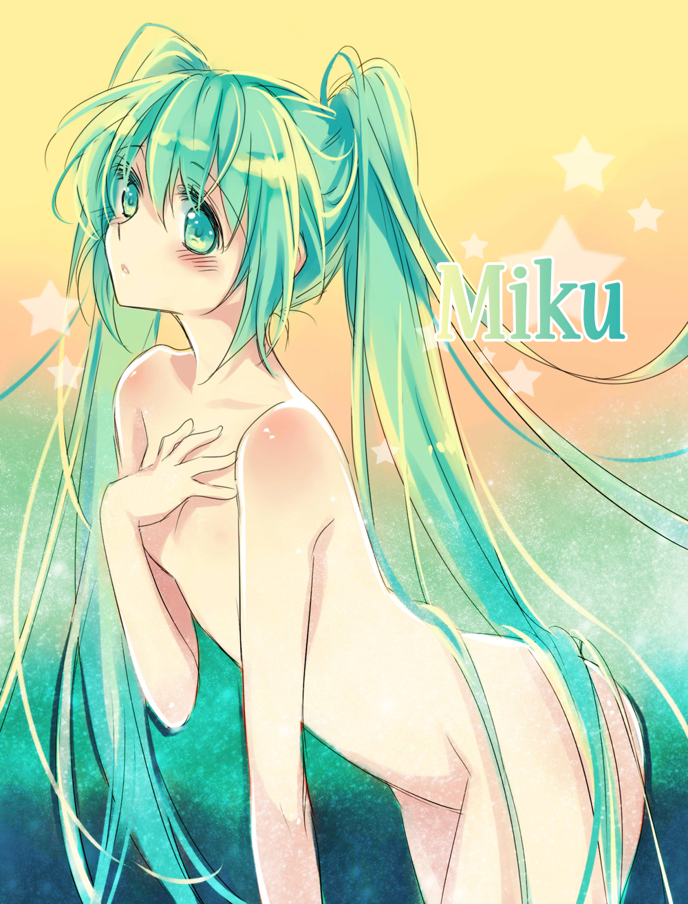 manle, hatsune miku, vocaloid, bad id, bad pixiv id, highres, 1girl, aqua eyes, aqua hair, female focus, flat chest, long hair, nude, solo, twintails, very long hair