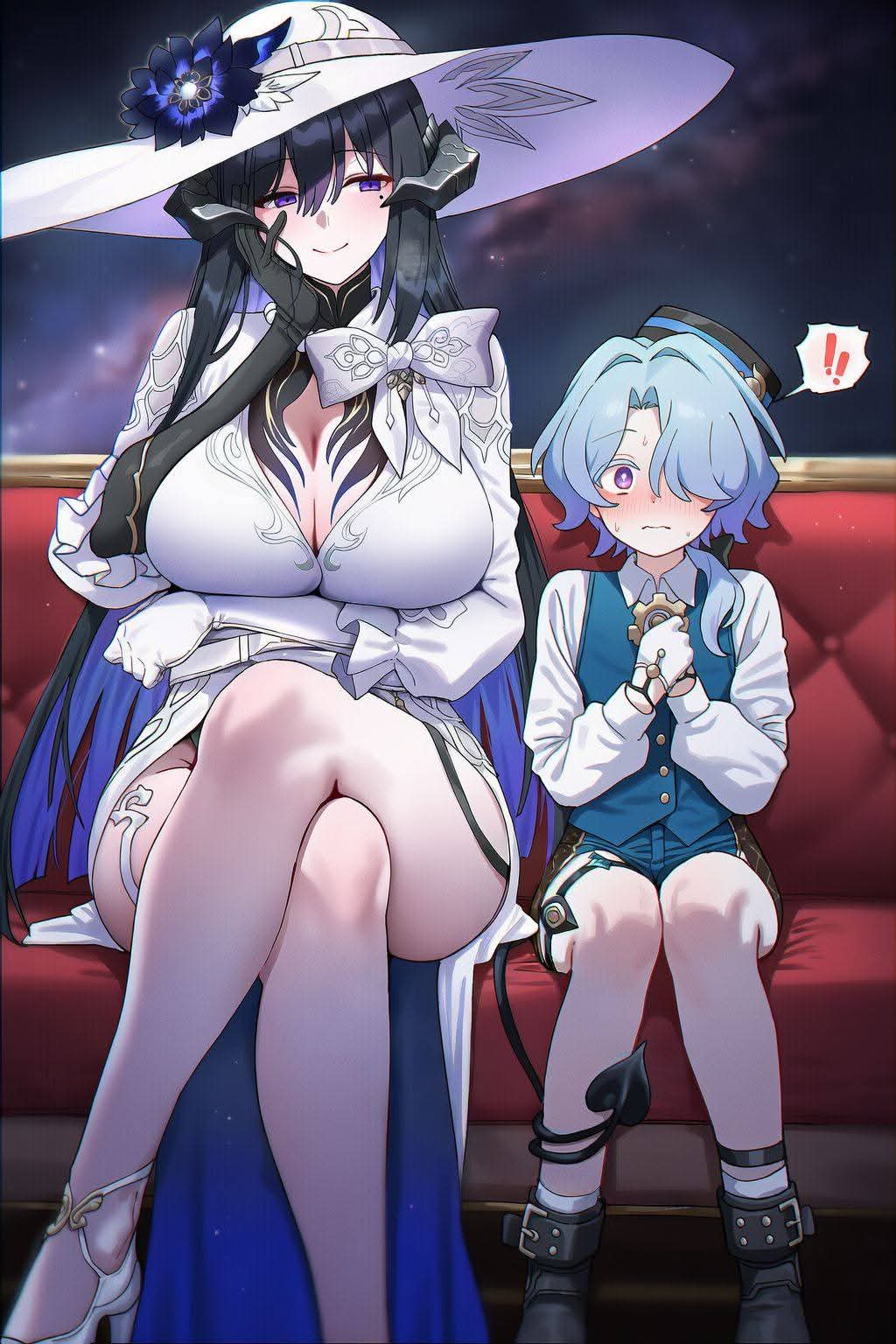 constance (honkai: star rail), misha (honkai: star rail), honkai: star rail, honkai (series), highres, non-web source, 1boy, 1girl, black hair, black hat, black shoes, blue hair, blush, breasts, cleavage, crossed legs, dress, flower, gloves, hair over one eye, hat, hat flower, high heels, horns, large breasts, long hair, long sleeves, mole, mole under eye, purple eyes, shoes, shorts, sitting, smile, white dress, white gloves, white hat