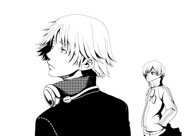 yasohachi ryou, hanamura yousuke, satonaka chie, atlus, persona, persona 4, 1boy, 1girl, greyscale, hands in pockets, headphones, headphones around neck, high contrast, jacket, long sleeves, monochrome, short hair, simple background, track jacket, turtleneck, white background
