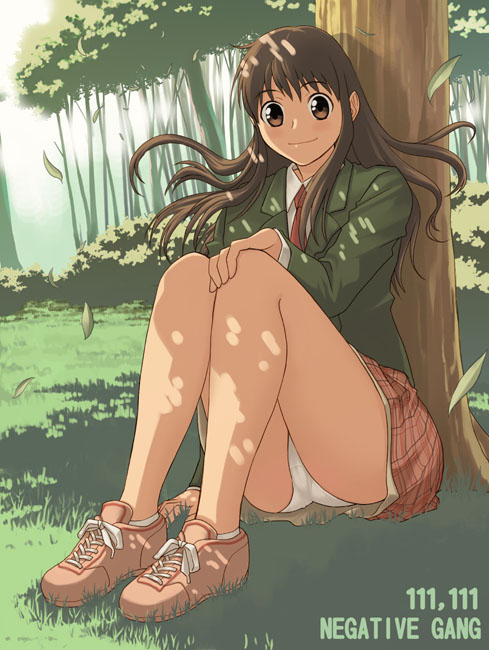oumi megumi, konjiki no gash!!, artist request, 00s, 1girl, blush, brown eyes, brown hair, cameltoe, dappled sunlight, female focus, forest, legs, long hair, miniskirt, nature, panties, pantyshot, plaid clothes, plaid skirt, shade, sitting, skirt, smile, solo, sunlight, underwear, upskirt, white panties, wind