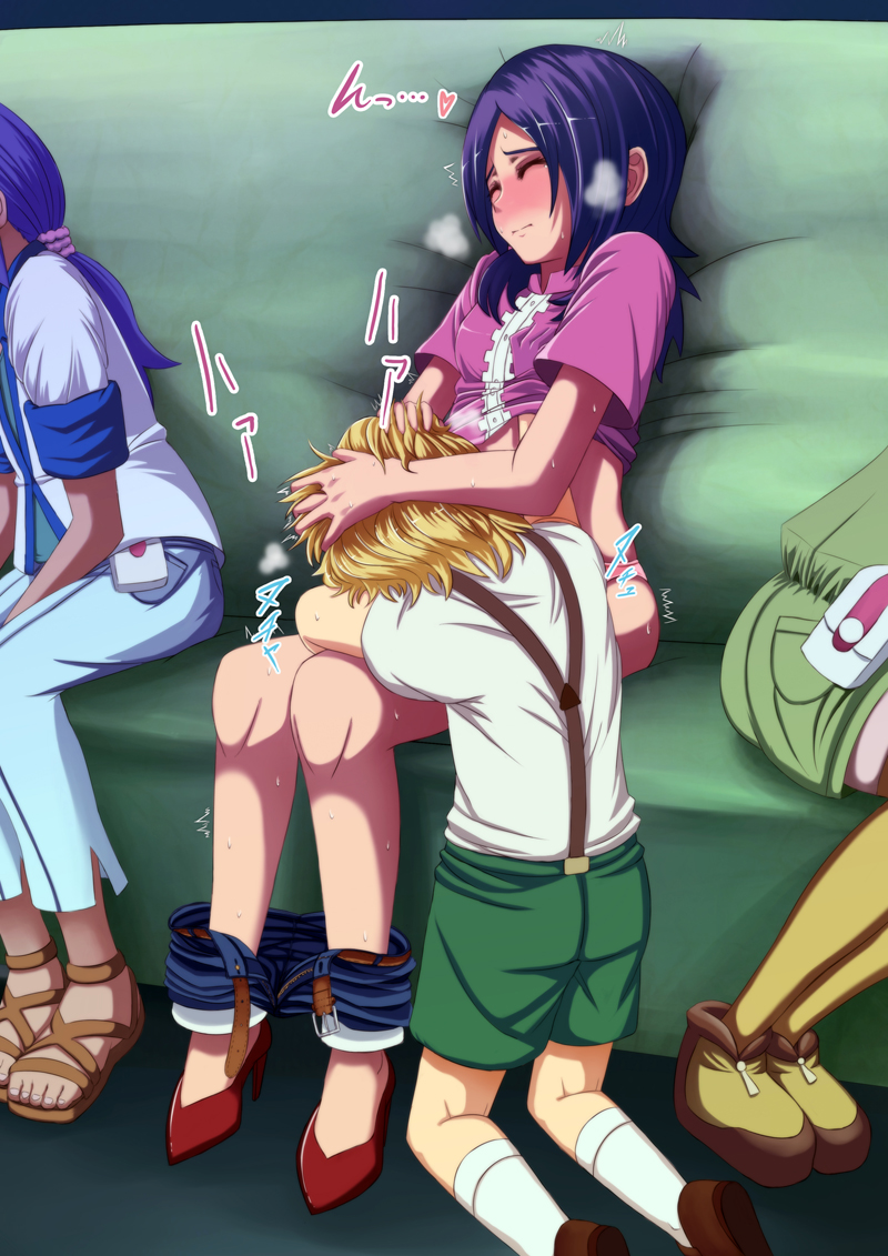 coupe50, aono miki, higashi setsuna, jeffrey (fresh precure!), yamabuki inori, fresh precure!, precure, 00s, 1boy, 3girls, age difference, blue hair, blush, breasts, breath, closed eyes, clothes pull, fingering, grabbing another's breast, groping, hand on another's head, hand under clothes, hand under shirt, heart, hetero, medium breasts, multiple girls, oral, pants, pants pull, public indecency, purple hair, shirt, shorts, shorts pull, shota, sitting, sweat