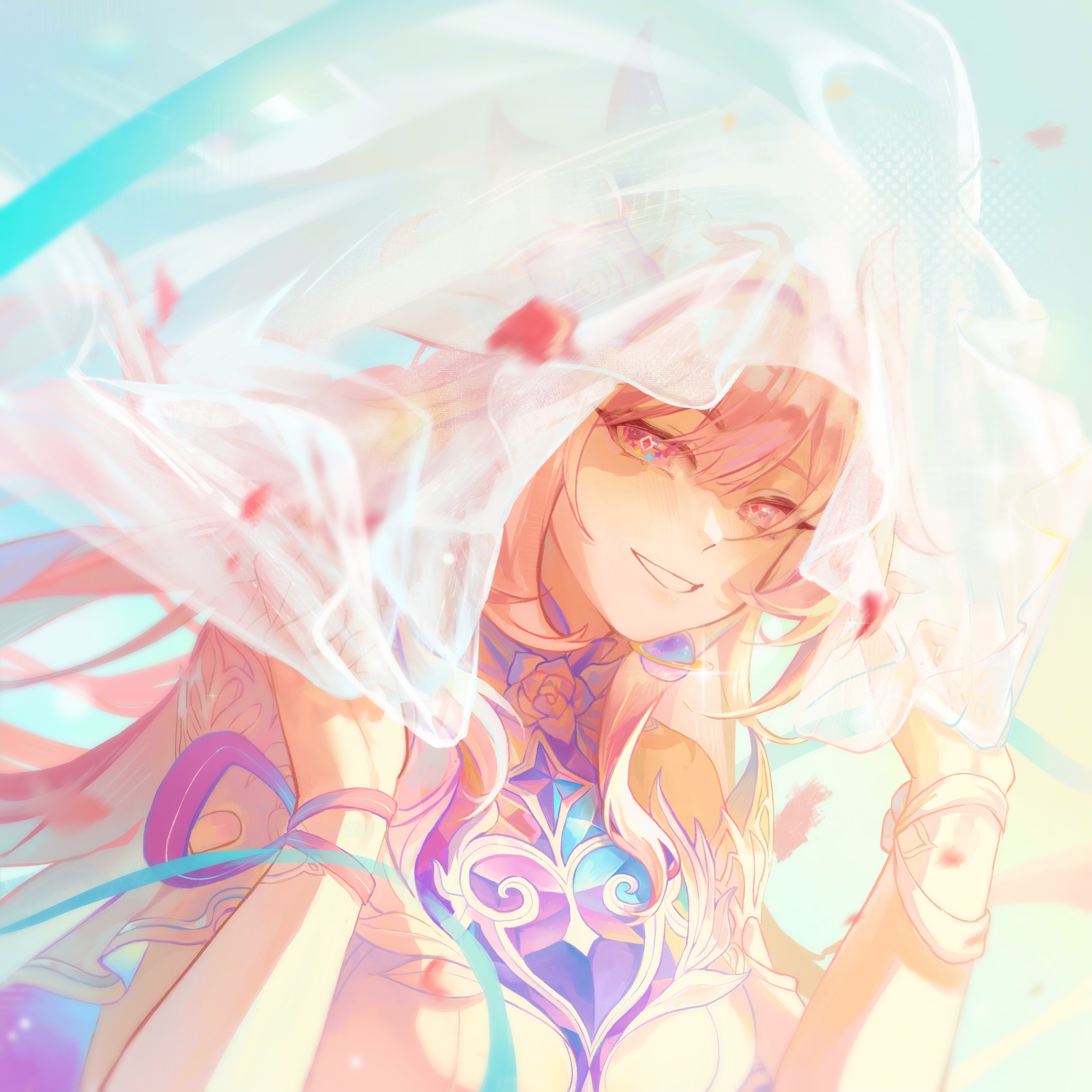 rii1111r, cyrene (honkai: star rail), cyrene (ripples of past reverie) (honkai: star rail), honkai: star rail, honkai (series), absurdres, hashtag-only commentary, highres, 1girl, bare shoulders, blue sky, breasts, bridal veil, dress, earrings, jewelry, large breasts, looking at viewer, pink hair, purple eyes, sky, smile, solo, upper body, veil, white dress