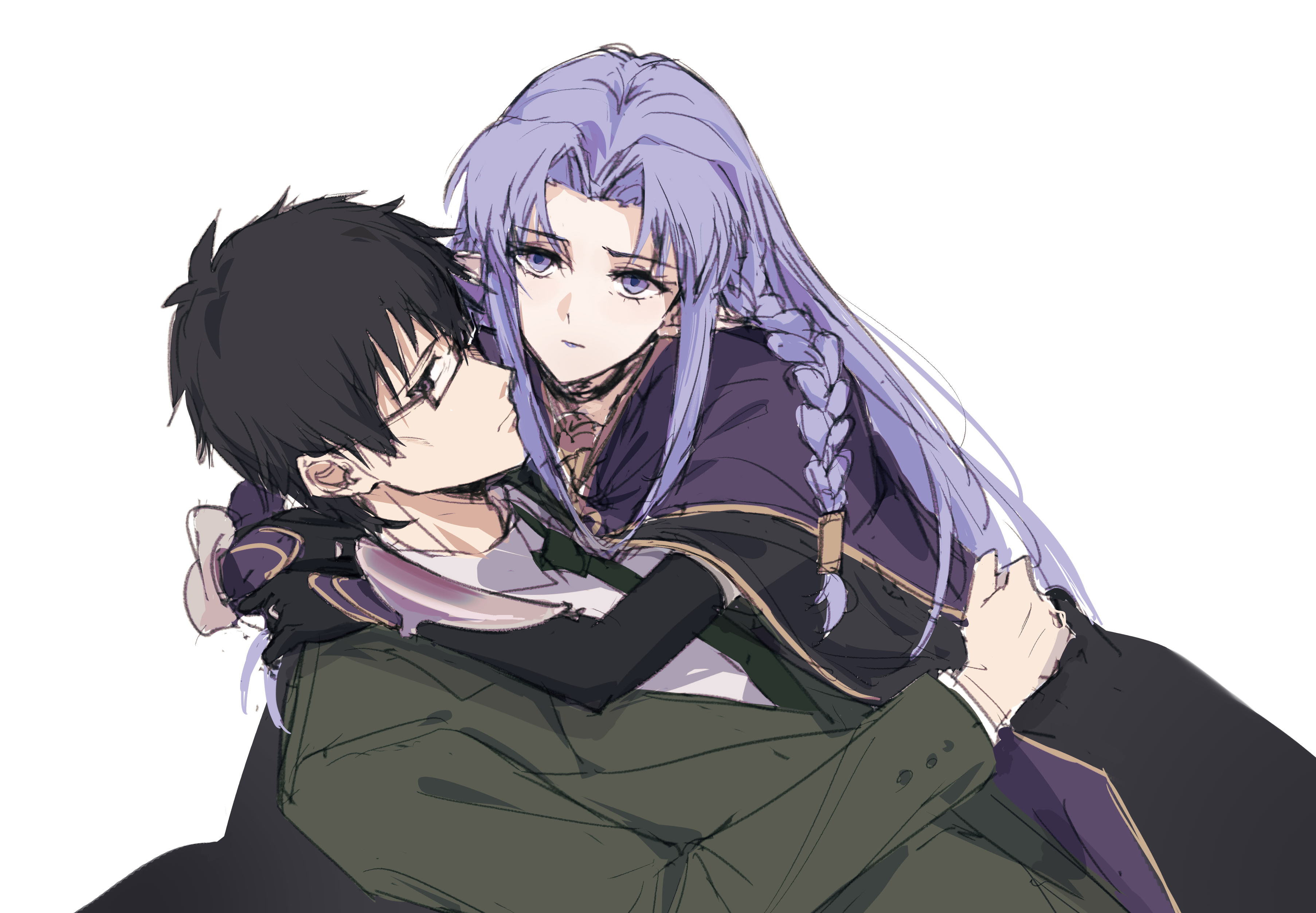 qianlilingjiang, kuzuki souichirou, medea (fate), fate/stay night, fate (series), absurdres, highres, 1boy, 1girl, black hair, braid, brown eyes, collared shirt, couple, dress, formal clothes, glasses, hetero, hug, jacket, long hair, long sleeves, looking at viewer, necktie, pointy ears, purple eyes, purple hair, shirt, short hair, side braid, simple background, suit, upper body, white background