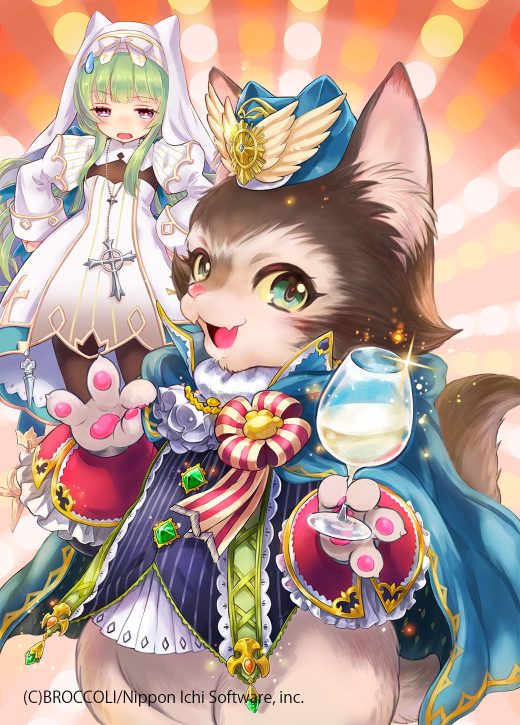 hori airi, z/x, highres, official art, 1girl, animal ear headwear, animal hands, blue cloak, blue hat, brown pantyhose, cat, cloak, copyright name, creature, cup, dress, drinking glass, fake animal ears, gold trim, green hair, hands on own hips, hat, hat feather, holding, holding cup, jewelry, necklace, open mouth, pantyhose, pink eyes, shitorii nina, sparkle, sweatdrop, white dress, wine glass