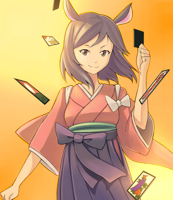 bowieknife, shinohara natsuki, summer wars, 00s, 1girl, animal ears, brown eyes, brown hair, card, deer ears, female focus, floating card, hakama, hakama skirt, hanafuda, holding, holding card, japanese clothes, skirt, solo, tasuki