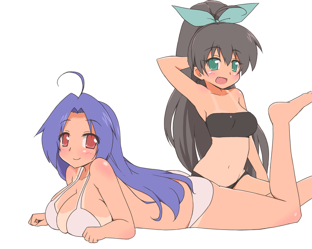 van-s, ganaha hibiki, miura azusa, idolmaster, idolmaster (classic), 00s, 2girls, :d, ahoge, arm behind head, bandeau, bikini, bikini tan, black bikini, black hair, blue hair, breast rest, breasts, brown eyes, fang, green eyes, high ponytail, large breasts, looking at viewer, lying, midriff, multiple girls, navel, on stomach, one-piece tan, open mouth, pink bikini, pink eyes, ponytail, simple background, sitting, smile, swimsuit, tan, tanline, white background