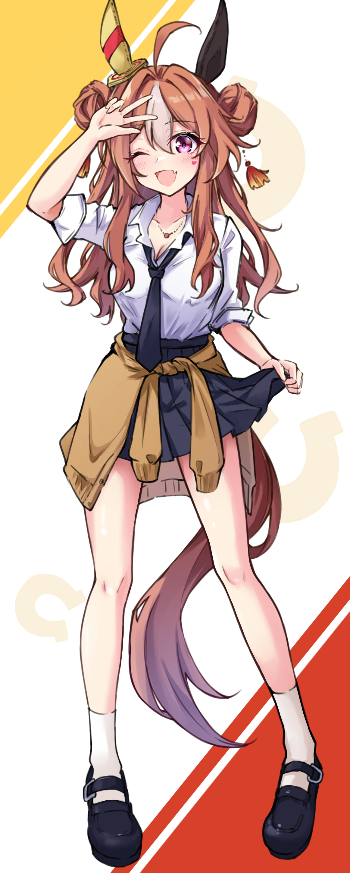 tiara (871220), copano rickey (umamusume), umamusume, absurdres, highres, 1girl, ;d, ahoge, alternate costume, animal ears, black necktie, black shoes, black skirt, breasts, brown cardigan, brown hair, cardigan, cardigan around waist, cleavage, clothes around waist, collared shirt, double bun, ear covers, fang, full body, gyaru, hair between eyes, hair bun, horse ears, horse girl, horse tail, jewelry, kogal, loafers, long hair, looking at viewer, medium breasts, multicolored hair, necklace, necktie, one eye closed, open mouth, pleated skirt, purple eyes, school uniform, shirt, shirt tucked in, shoes, skin fang, skirt, sleeves rolled up, smile, solo, streaked hair, tail, v, white hair, white shirt