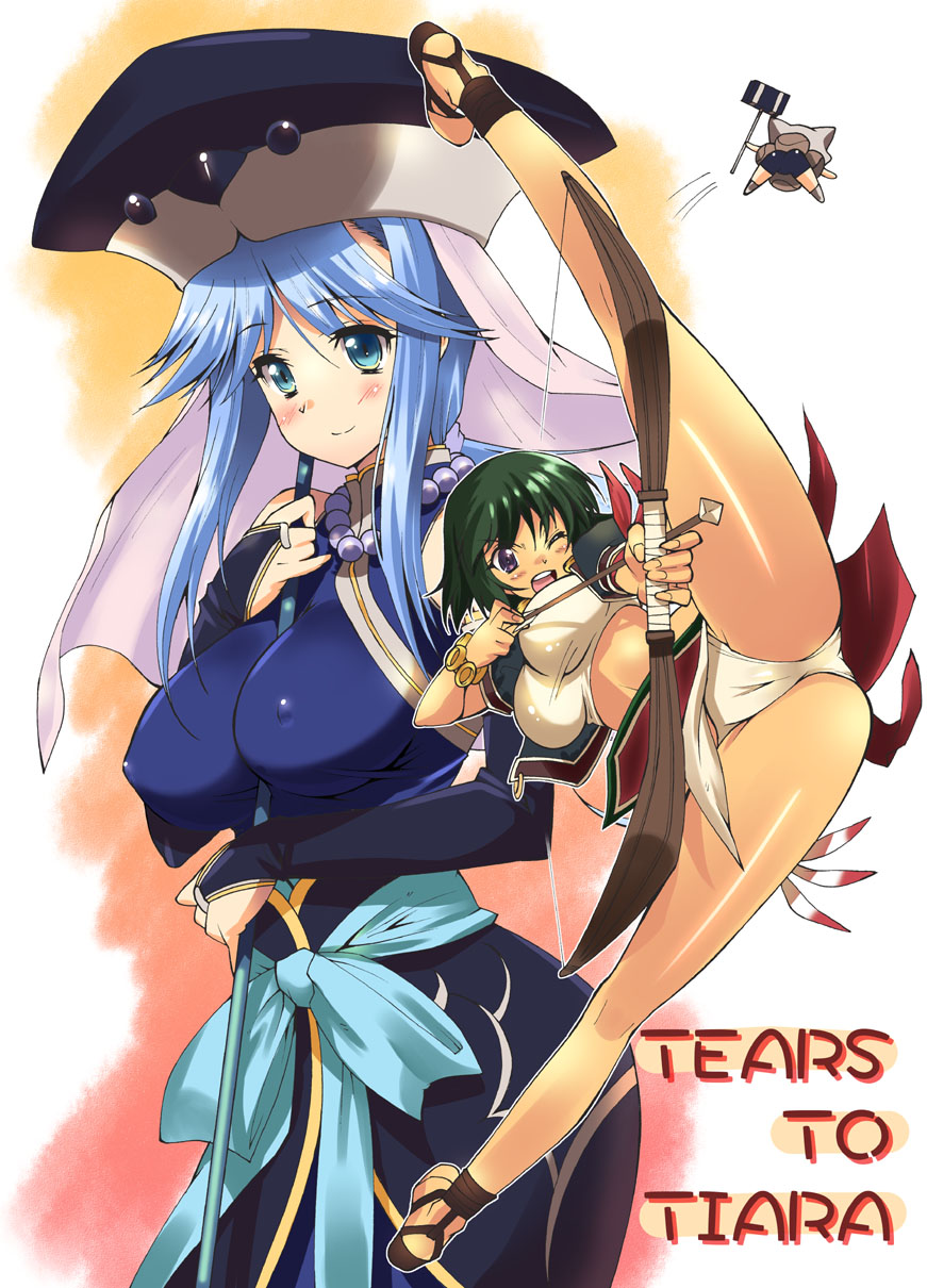 shinozuka atsuto, llyr, morgan (tears to tiara), rathty, tears to tiara, crotch, highres, 00s, 2girls, arrow (projectile), blue eyes, blue hair, blush, bow (weapon), breasts, bridal gauntlets, covered erect nipples, green hair, hat, jewelry, large breasts, leg lift, long hair, midriff, multiple girls, necklace, purple eyes, shinouchi, short hair, smile, spread legs, weapon, wink