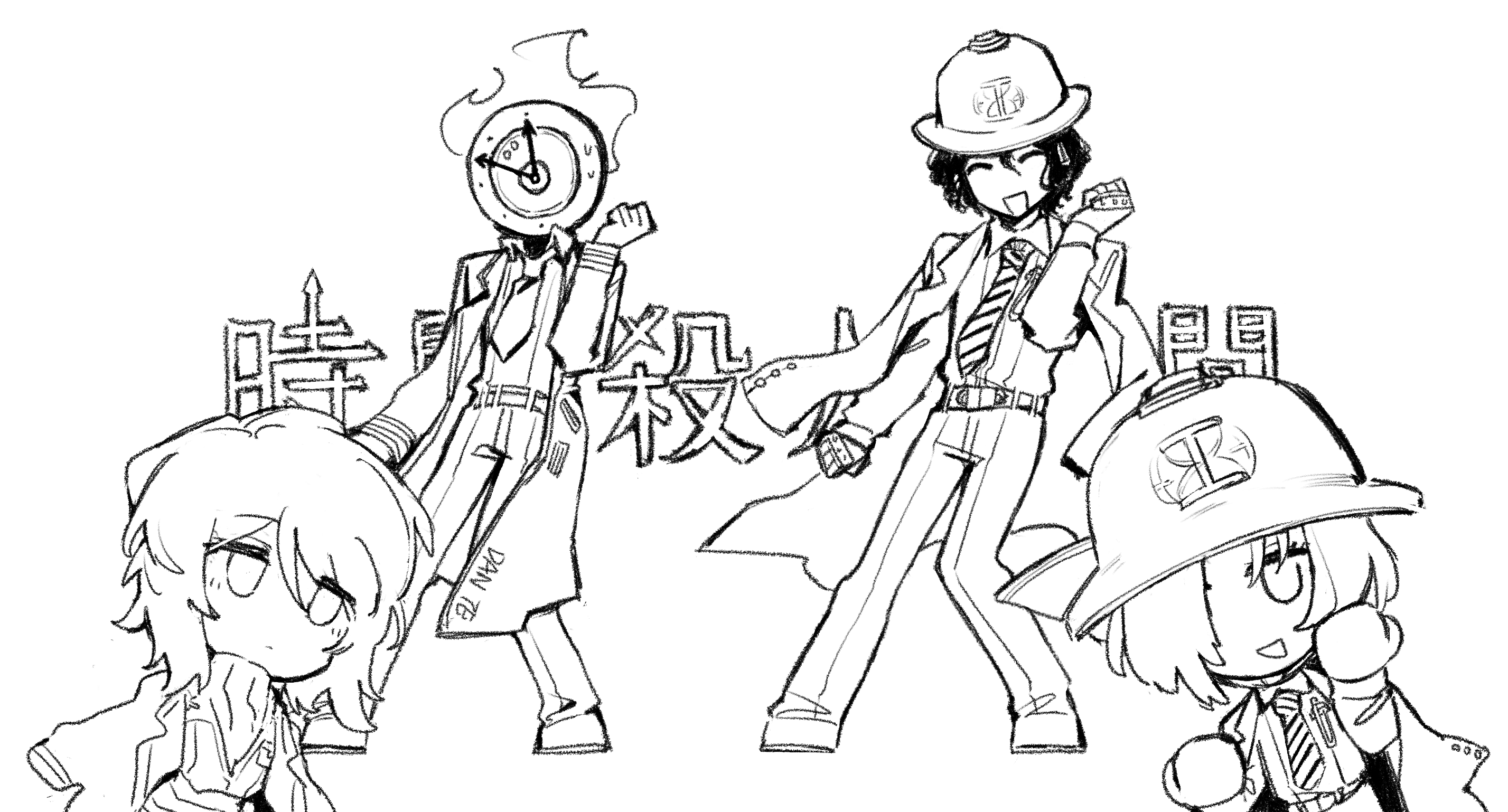 ivy (675671), dante (limbus company), faust (project moon), herbert (project moon), limbus company, poppippoo (vocaloid), project moon, chinese commentary, commentary request, highres, translation request, 1boy, 1other, 2girls, belt, chinese text, clock, closed eyes, coat, coat on shoulders, collared shirt, dancing, dated commentary, fire, full body, greyscale, hair over one eye, hands up, lapels, mai (project moon), monochrome, multiple girls, necktie, notched lapels, object head, open mouth, pants, shirt, shoes, short hair, smile, sweat