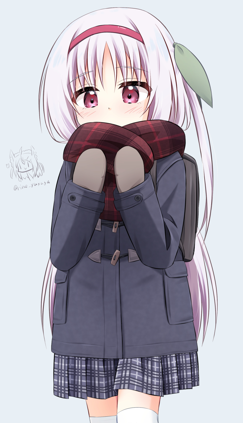 ri-net, original, commentary request, highres, paid reward available, 1girl, bag, blush, brown mittens, coat, grey skirt, hairband, long hair, mittens, pleated skirt, red scarf, scarf, simple background, skirt, solo, thighhighs, very long hair, white thighhighs