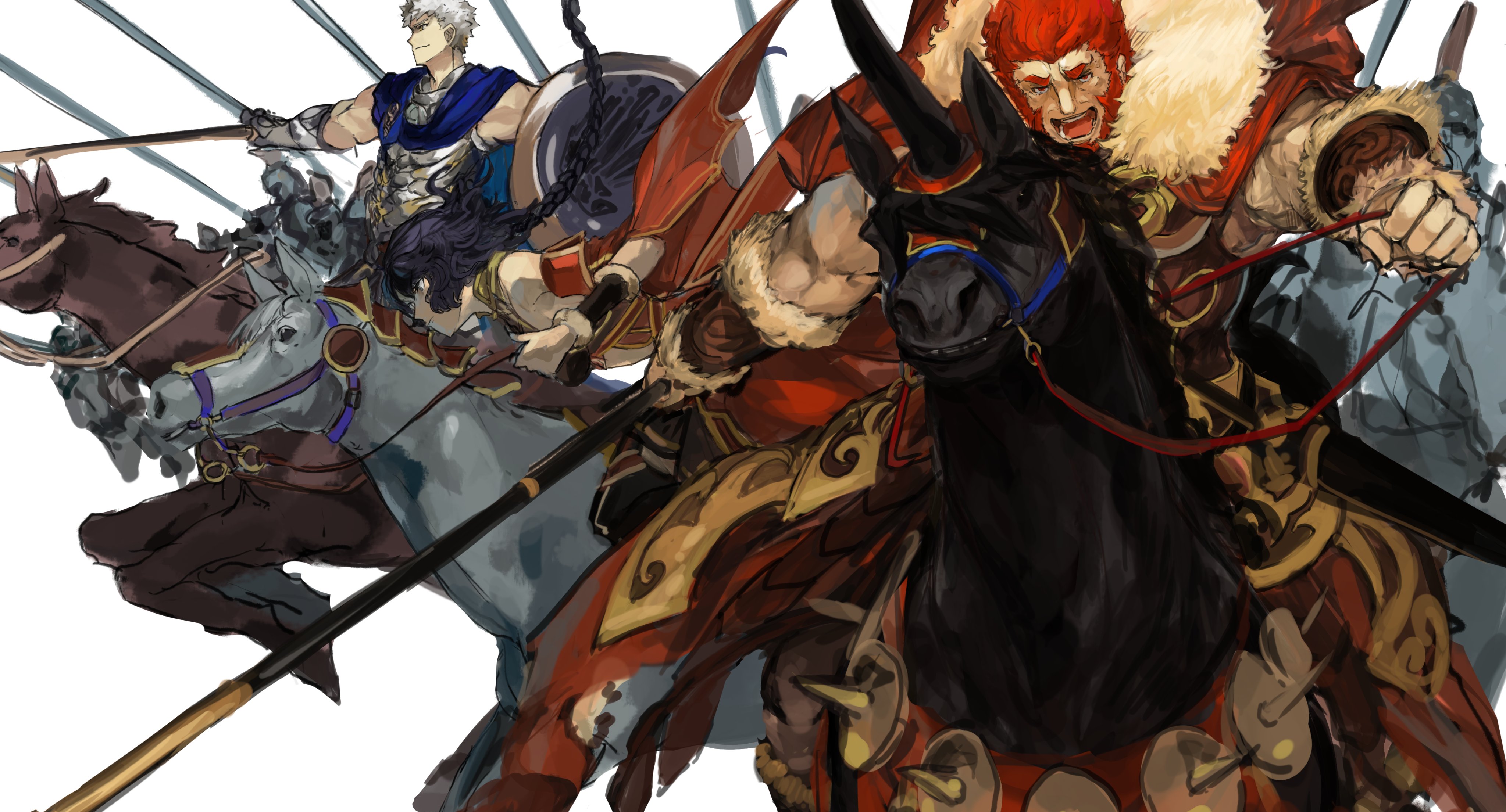 yorurokujuu, hephaestion (fate), iskandar (fate), ptolemy (fate), ptolemy (first ascension) (fate), fate/grand order, fate (series), absurdres, highres, 1girl, 2boys, armor, barding, beard, black hair, braid, braided ponytail, bridle, cape, cloak, facial hair, fur-trimmed cape, fur trim, holding, holding reins, horse, horseback riding, long hair, mature male, multiple boys, muscular, muscular male, open mouth, red eyes, red hair, reins, riding, saddle, short hair, simple background, smile, white background, white hair