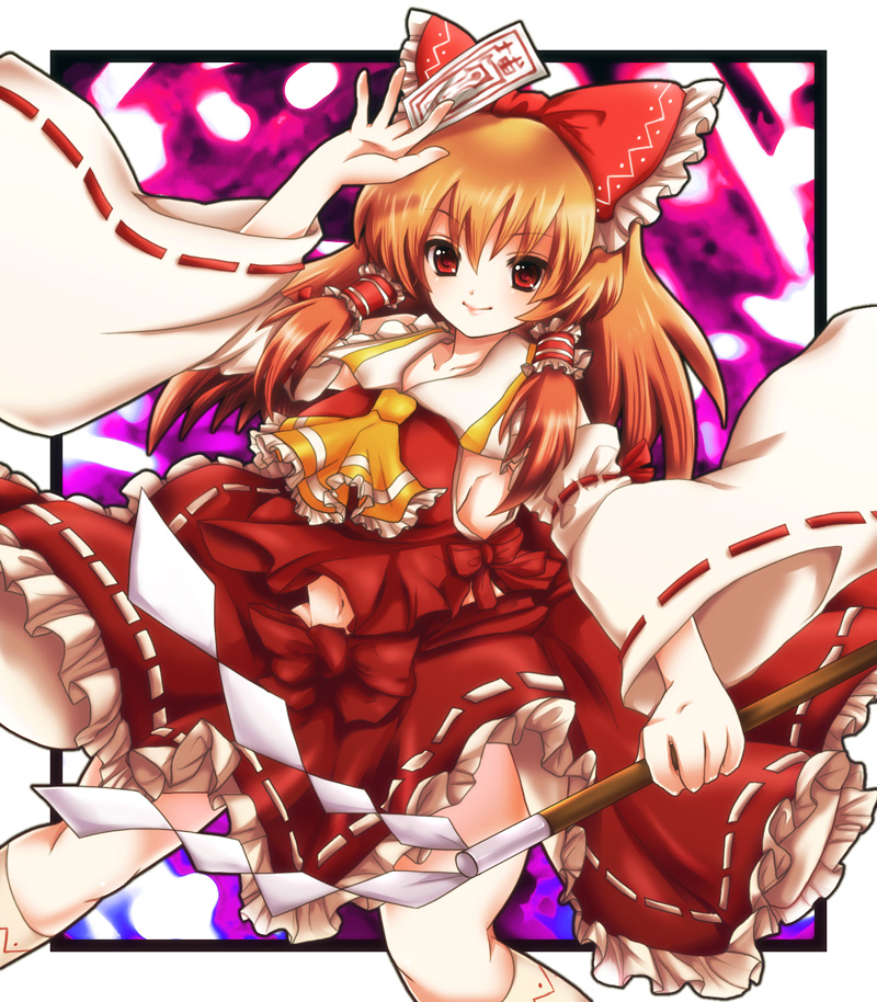 uka (color noise), hakurei reimu, touhou, bad id, bad pixiv id, 1girl, ascot, between fingers, bow, breasts, brown hair, detached sleeves, female focus, frills, gohei, hair bow, hair tubes, holding, japanese clothes, lips, long hair, midriff, miko, navel, ofuda, orange hair, red eyes, sideboob, small breasts, smile, solo, wide sleeves