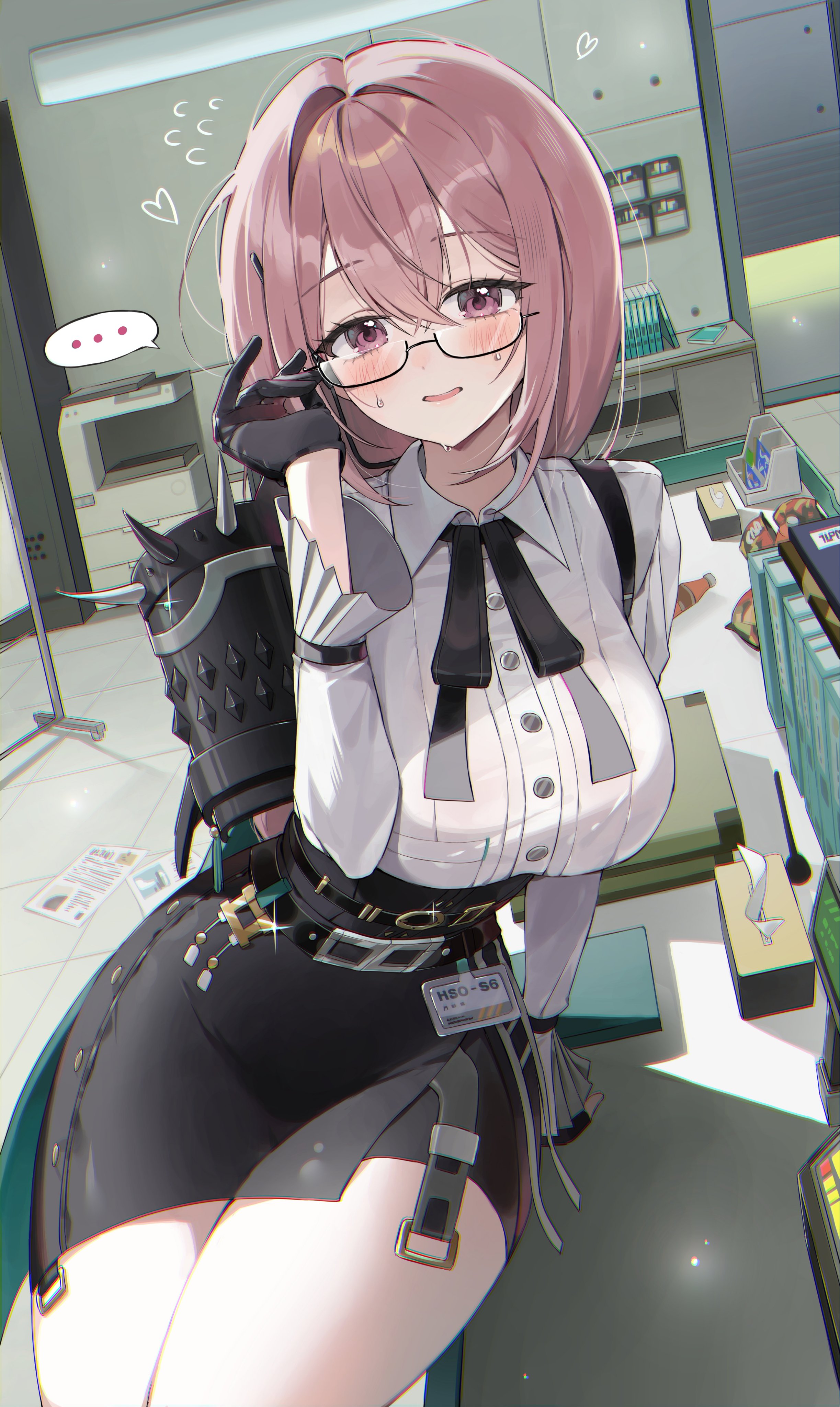 chama (chacoc0), tsukishiro yanagi, zenless zone zero, absurdres, highres, …, 1girl, adjusting eyewear, armor, black gloves, black skirt, blush, breasts, flying sweatdrops, gloves, high-waist skirt, indoors, large breasts, long hair, looking at viewer, office lady, pencil skirt, pink eyes, pink hair, shirt, shoulder armor, sitting, skirt, solo, spoken ellipsis, sweatdrop, white shirt