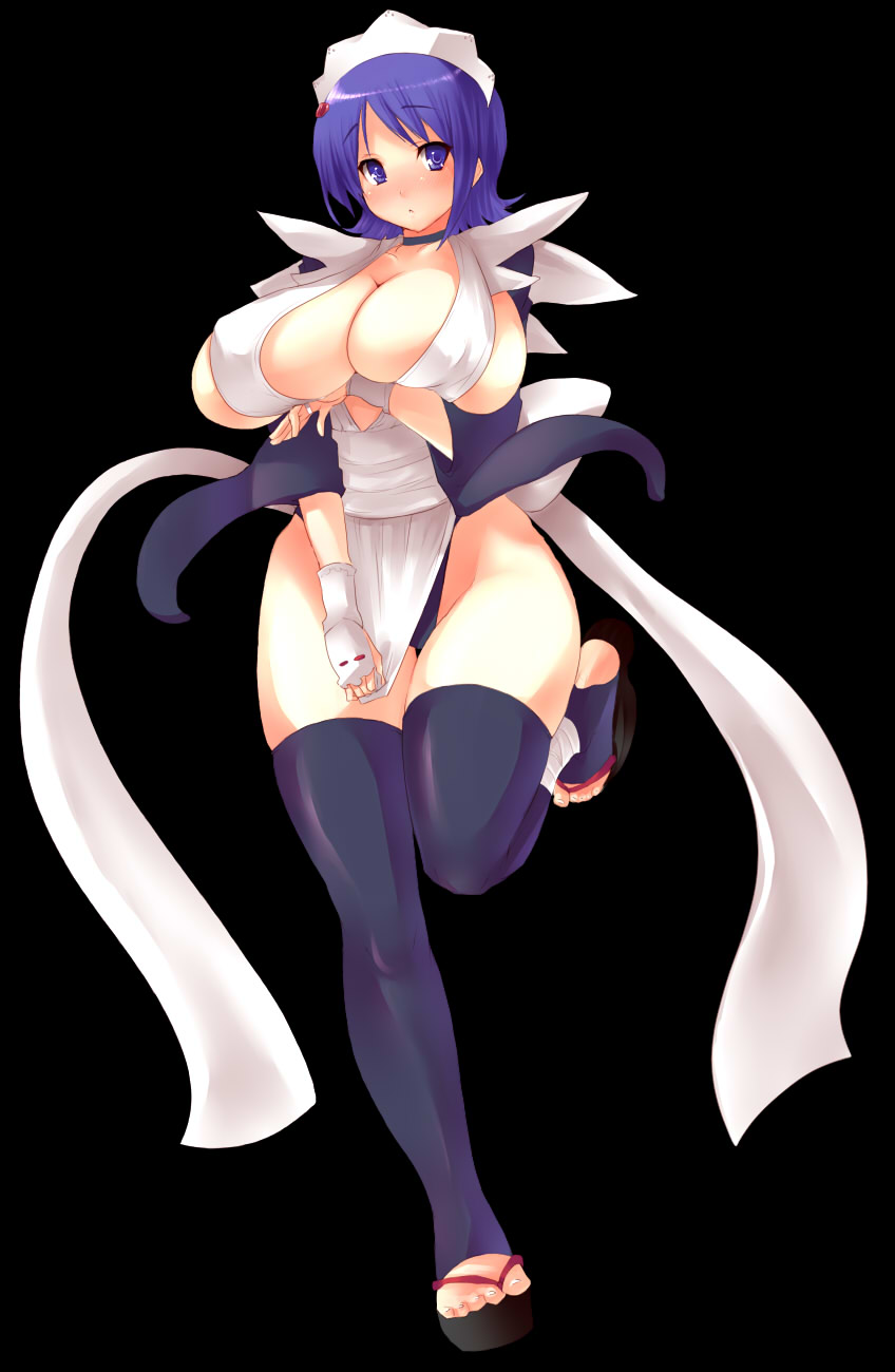 goban, iroha (samurai spirits), samurai spirits, breast hold, highres, 1girl, blue eyes, blue hair, blush, breasts, cleavage, female focus, flipped hair, huge breasts, japanese clothes, maid, matching hair/eyes, panties, pelvic curtain, short hair, solo, thighhighs, underwear