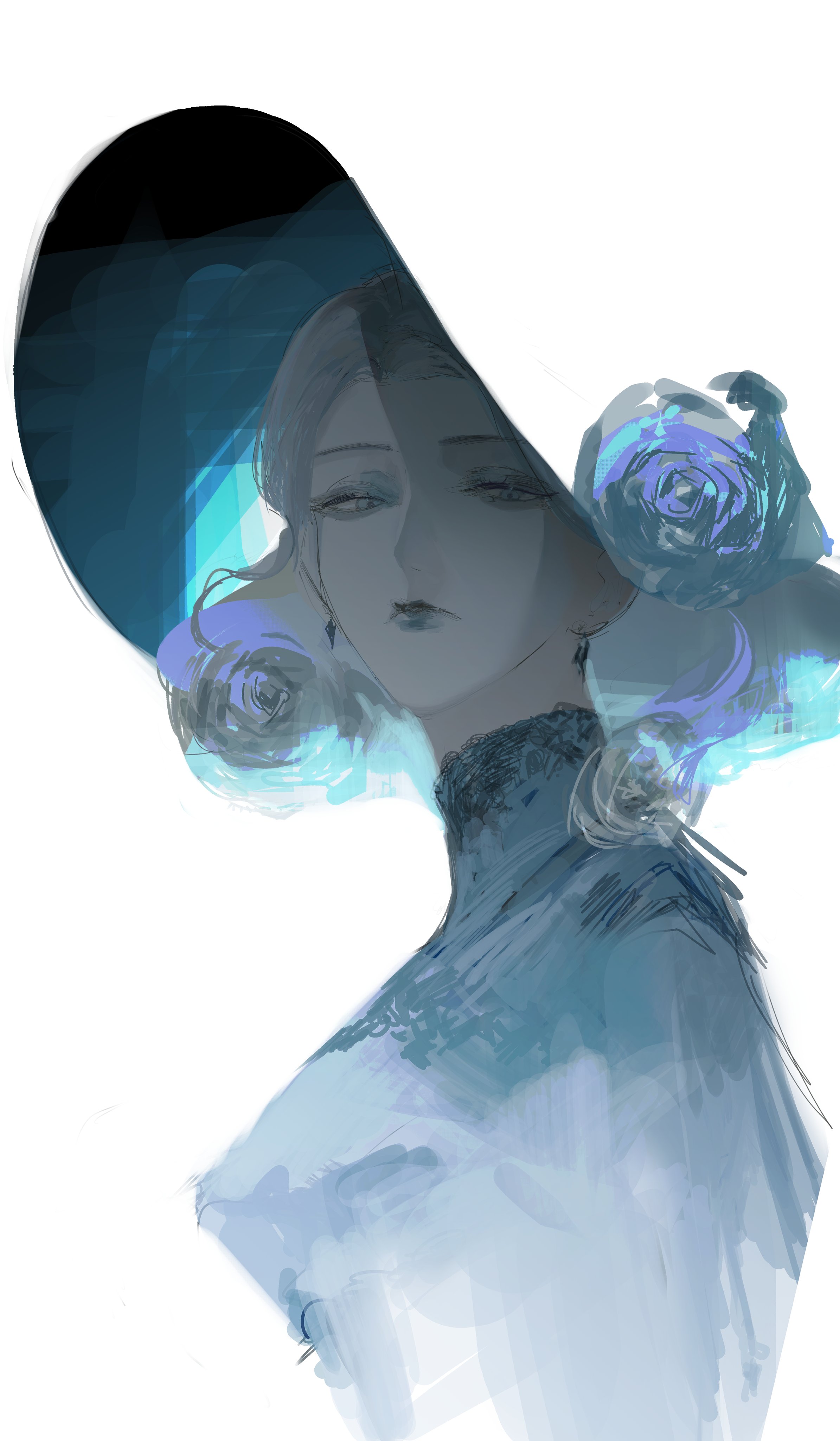 waffle820, original, absurdres, highres, 1girl, bleeding, blood, blue theme, dress, expressionless, flower, from side, hat, hat flower, looking at viewer, rose, simple background, solo, turtleneck, turtleneck dress, white background