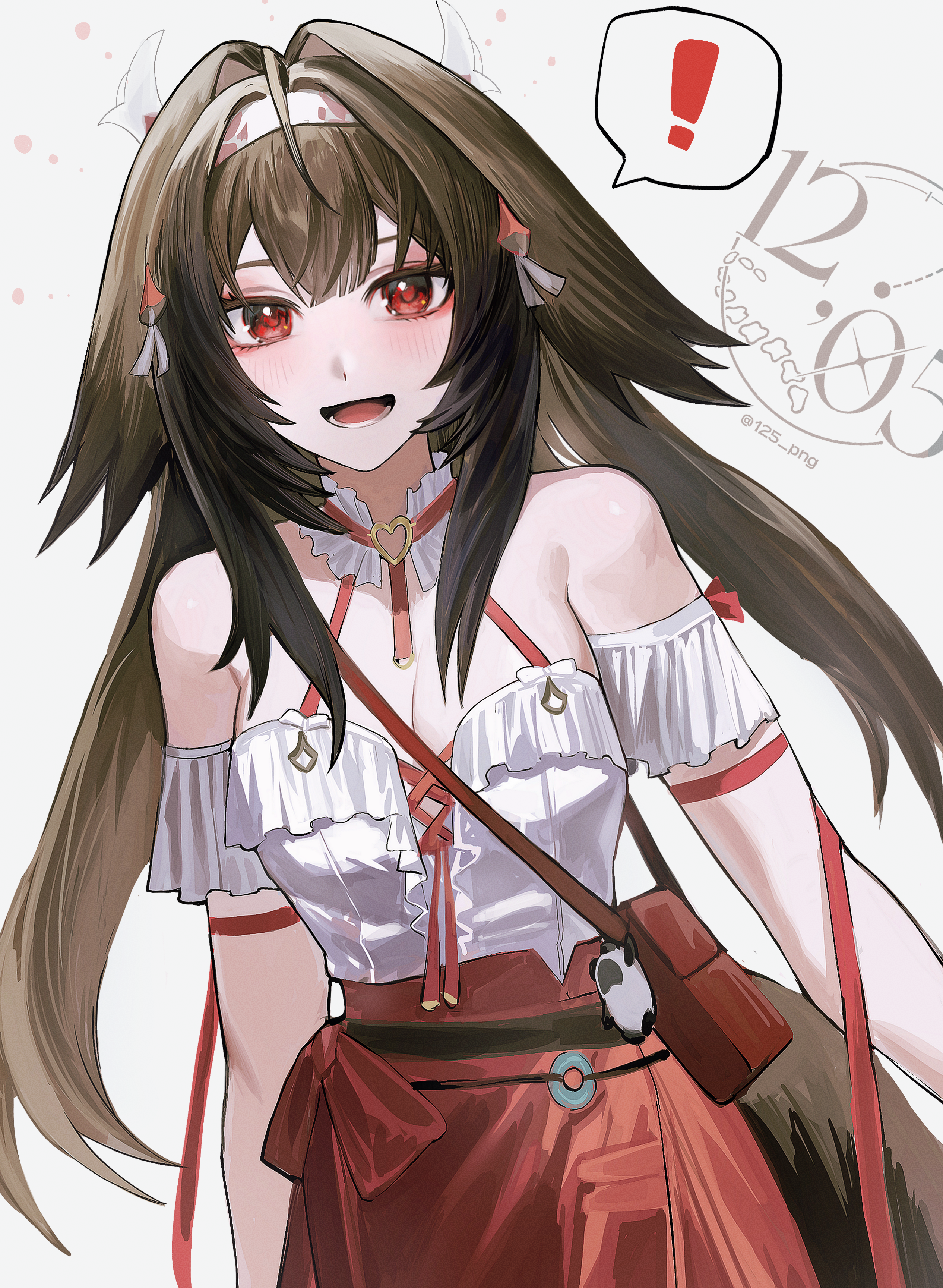 nongxy nonshi, ye shunguang, zenless zone zero, absurdres, commentary, highres, !, 1girl, artist logo, artist name, bare shoulders, breasts, brown hair, cleavage, fox tail, hair ornament, light blush, logo, long hair, looking at viewer, medium breasts, official alternate costume, open mouth, red eyes, red skirt, shirt, shirt tucked in, skirt, smile, solo, spoken exclamation mark, tail, white shirt