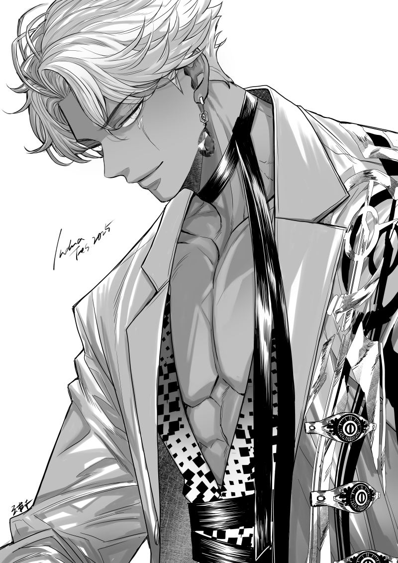 indra (fate), fate/grand order, fate (series), 1boy, choker, dark-skinned male, dark skin, eagleacee, earrings, greyscale, jacket, jewelry, lightning bolt facial mark, looking at viewer, male focus, monochrome, pectorals, shirt, simple background, smile, solo, upper body, white background