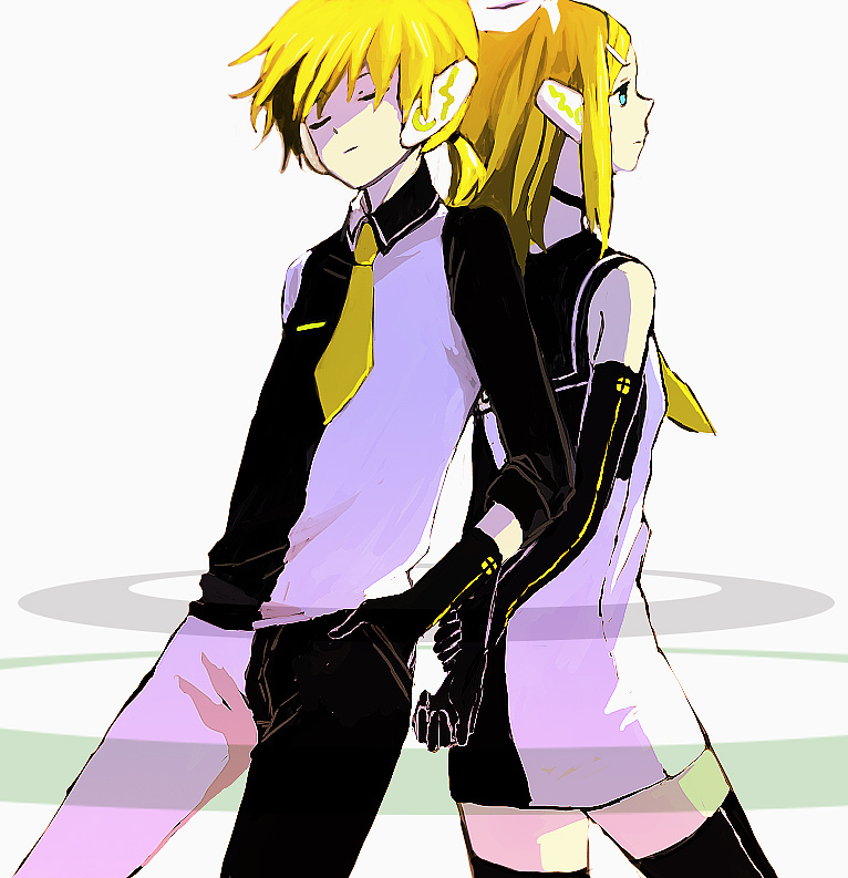 sugi, kagamine len, kagamine rin, roshin yuukai (vocaloid), vocaloid, bad id, bad pixiv id, 1boy, 1girl, blonde hair, blue eyes, brother and sister, elbow gloves, gloves, necktie, siblings, thighhighs, twins, yellow necktie