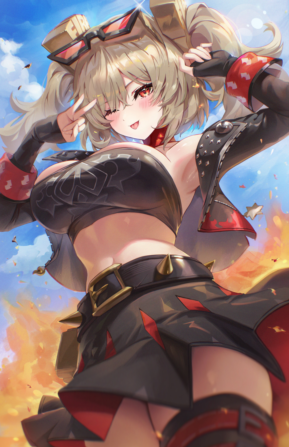 burnice white, zenless zone zero, highres, 1girl, armpits, arms up, belt, black-framed eyewear, black belt, black gloves, black jacket, black skirt, black tube top, blonde hair, blue sky, blush, breasts, cano852, cloud, day, eyewear on head, fingerless gloves, fire, from below, gloves, jacket, large breasts, looking at viewer, one eye closed, pleated skirt, red eyes, single fingerless glove, skirt, sky, solo, spiked belt, strapless, tongue, tongue out, tube top, two side up