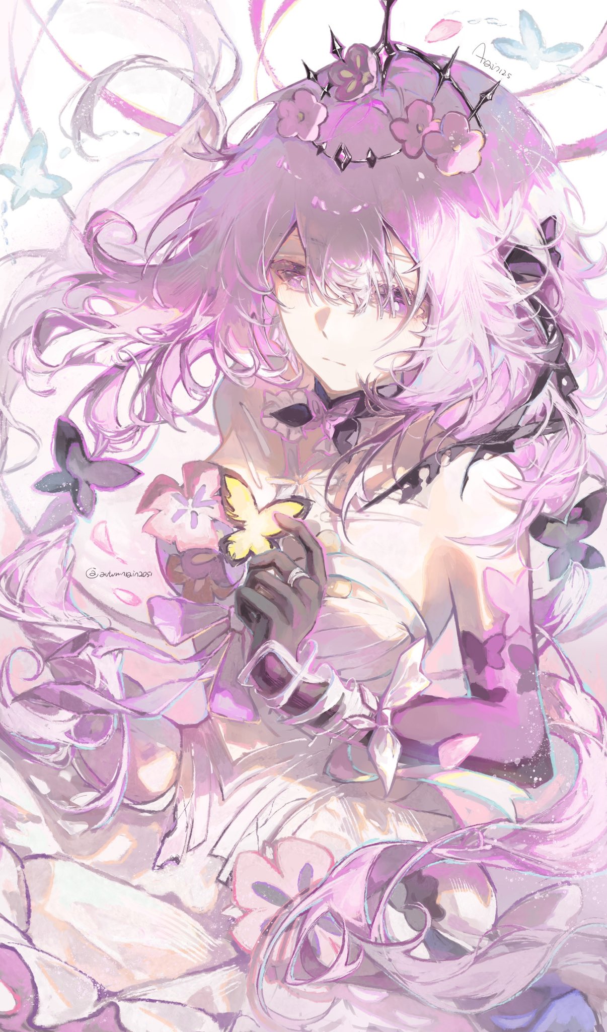 castorice (honkai: star rail), honkai: star rail, honkai (series), commentary, hashtag-only commentary, highres, 1girl, autumnrain2051, bare shoulders, black choker, black tiara, blue butterfly, breasts, bug, butterfly, butterfly choker, butterfly hair ornament, choker, closed mouth, dress, elbow gloves, expressionless, flower, gloves, hair between eyes, hair flower, hair ornament, hand up, insect, large breasts, long hair, looking ahead, pink flower, pink hair, purple eyes, purple gloves, solo, tiara, twintails, twitter username, white background, white dress