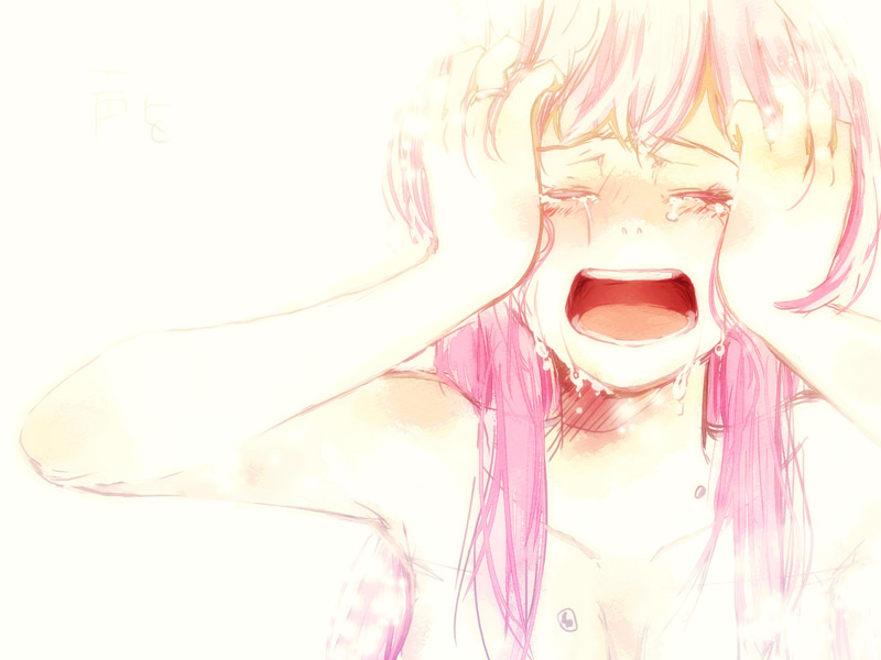 mina m, mochizuki mina, megurine luka, just be friends (vocaloid), vocaloid, 1girl, closed eyes, crying, female focus, long hair, open mouth, pink hair, sobbing, solo, tears