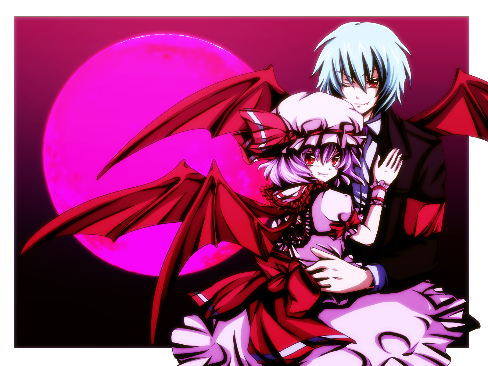 uka (color noise), remilia scarlet, yuli, yuli (pop'n music), bemani, pop'n music, touhou, bad id, bad pixiv id, highres, 1boy, 1girl, bat wings, blue hair, couple, crossover, dress, fang, formal clothes, full moon, hat, hat ribbon, hetero, hug, looking back, moon, one eye closed, purple hair, red eyes, red moon, ribbon, short hair, short sleeves, smile, vampire, wings, wink, wrist cuffs