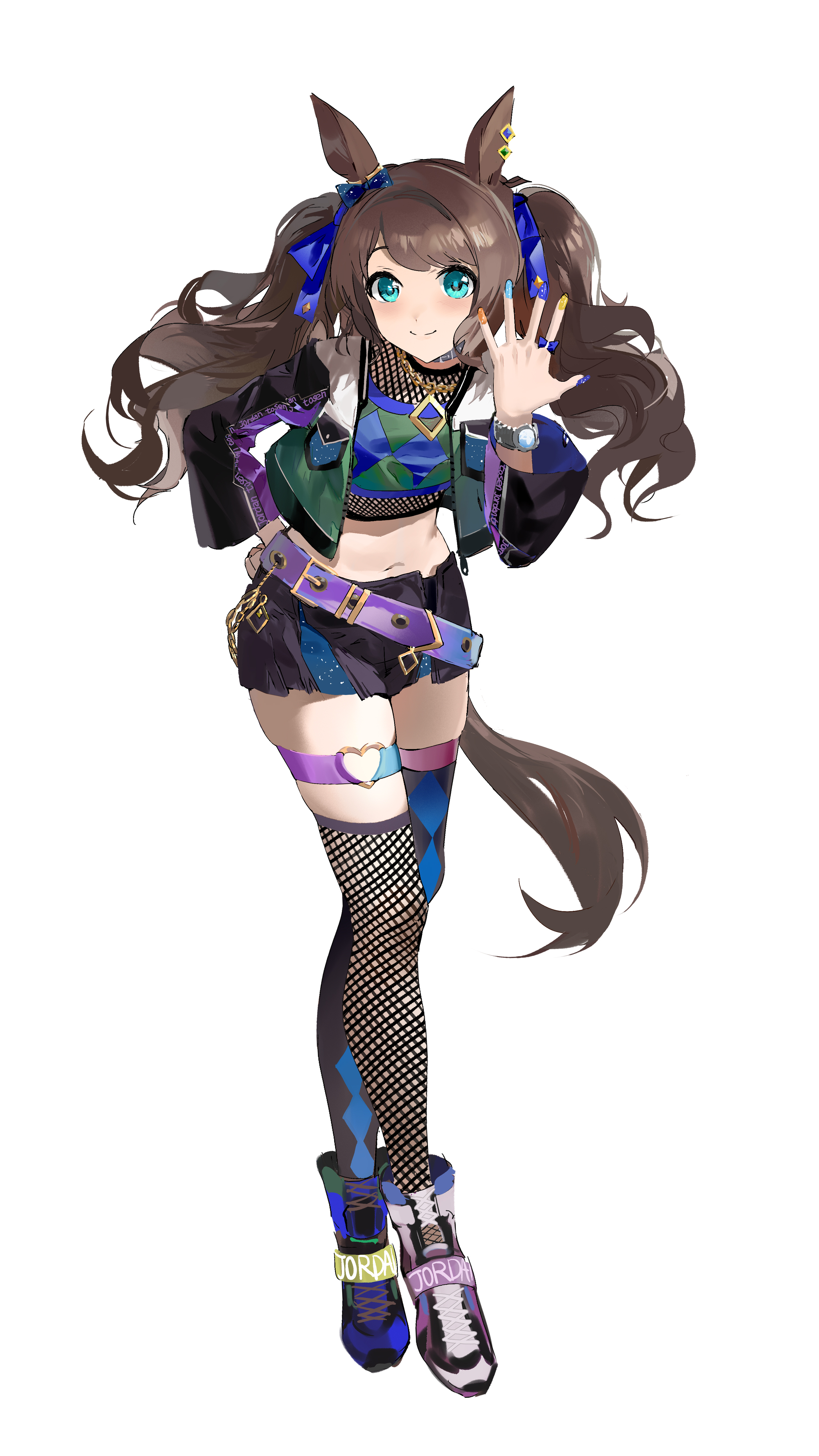 hako (misheyes), tosen jordan (pop joker) (umamusume), tosen jordan (umamusume), umamusume, absurdres, highres, 1girl, animal ears, asymmetrical legwear, black jacket, black skirt, black thighhighs, blue eyes, blue nails, blue ribbon, blue shirt, blush, brown hair, closed mouth, cropped shirt, fishnet thighhighs, fishnet top, fishnets, hair ribbon, hand on own hip, horse ears, horse girl, horse tail, jacket, long hair, looking at viewer, miniskirt, mismatched legwear, navel, open clothes, open jacket, orange nails, purple shoes, ribbon, shirt, shoes, sidelocks, skirt, smile, sneakers, solo, stomach, tail, thigh strap, thighhighs, twintails, yellow nails