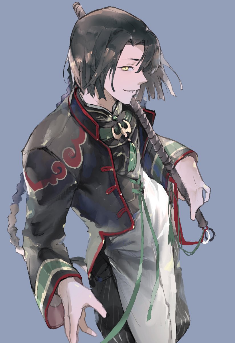 taigong wang (fate), fate/grand order, fate (series), artist request, check artist, commentary request, highres, korean commentary, 1boy, black hair, braid, braided ponytail, changpao, chinese clothes, feet out of frame, fishing rod, grey background, hair between eyes, holding, holding fishing rod, jacket, lita second, long hair, long sleeves, looking at viewer, male focus, open mouth, profile, simple background, smile, solo, yellow eyes