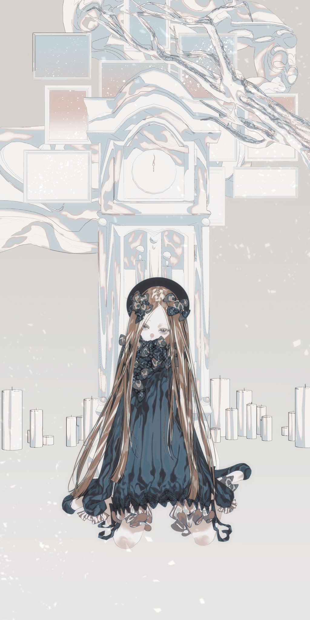 debg0423, abigail williams (fate), abigail williams (first ascension) (fate), fate/grand order, fate (series), highres, 1girl, black dress, blonde hair, blue eyes, bow, candle, clock, dress, full body, grandfather clock, hair bow, hat, kneeling, long hair, long sleeves, looking at viewer, parted bangs, sleeves past fingers, sleeves past wrists, solo, very long hair