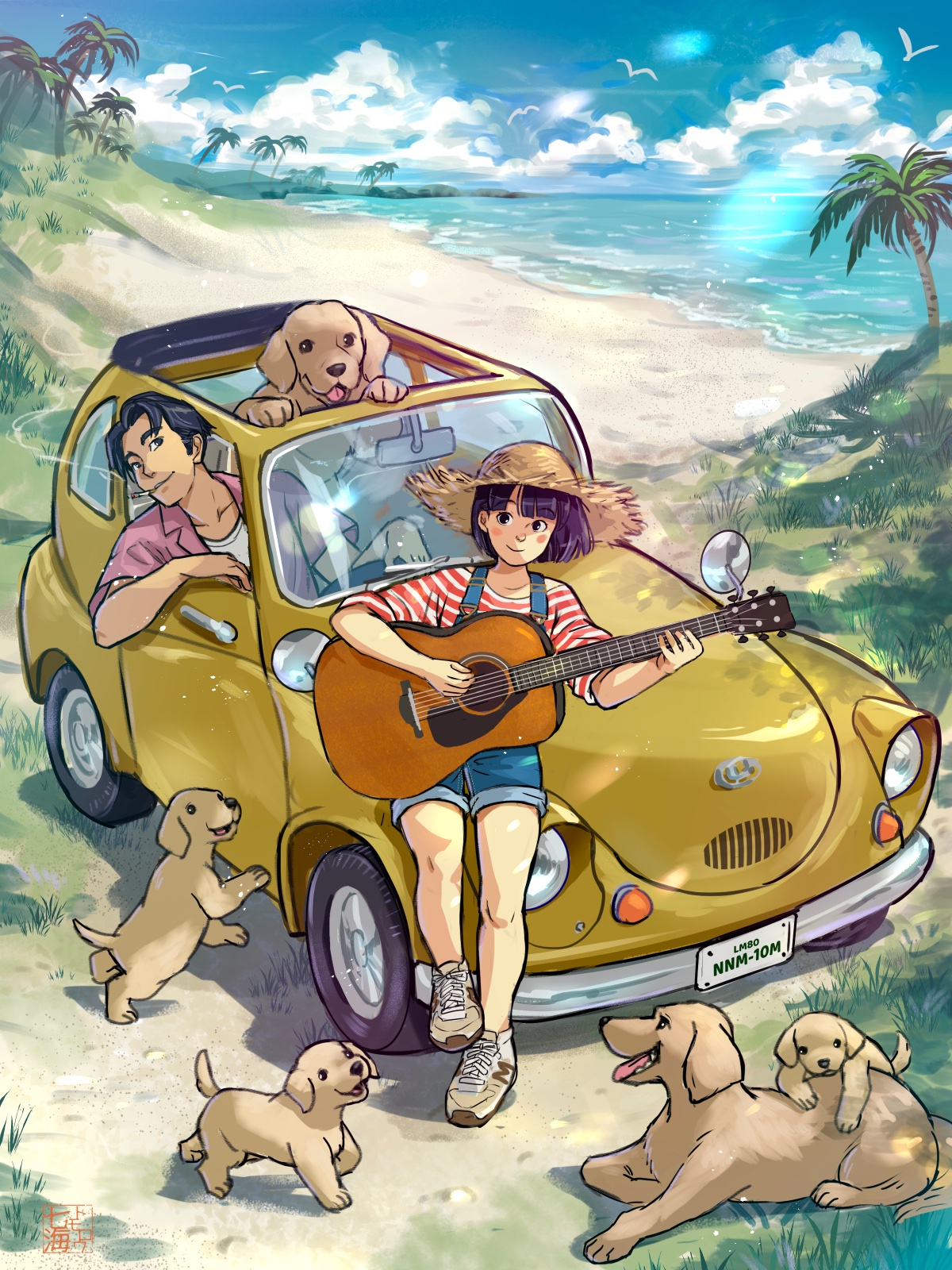 nanami tomorou, original, commentary, highres, symbol-only commentary, 1boy, 1girl, acoustic guitar, artist logo, baby animal, beach, black hair, blue shorts, cat, cigarette, cloud, cloudy sky, collarbone, day, dog, grass, guitar, hat, holding, holding guitar, holding instrument, instrument, license plate, logo, looking at viewer, outdoors, palm tree, puppy, red shirt, shirt, shoes, shorts, sky, smoking, sneakers, straw hat, striped clothes, striped shirt, suspender shorts, suspenders, tree, two-tone shirt, white shirt