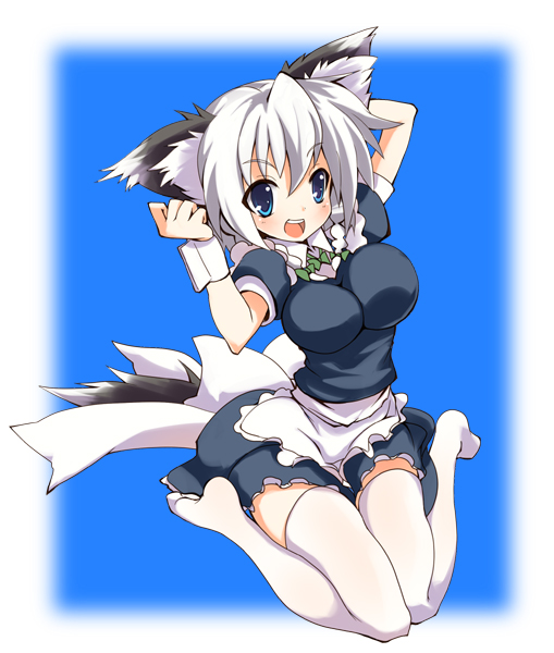 sora to umi, inu sakuya (nejikirio), izayoi sakuya, touhou, silver hair, 1girl, animal ears, braid, dog ears, dog tail, female focus, kemonomimi mode, short hair, solo, tail, twin braids
