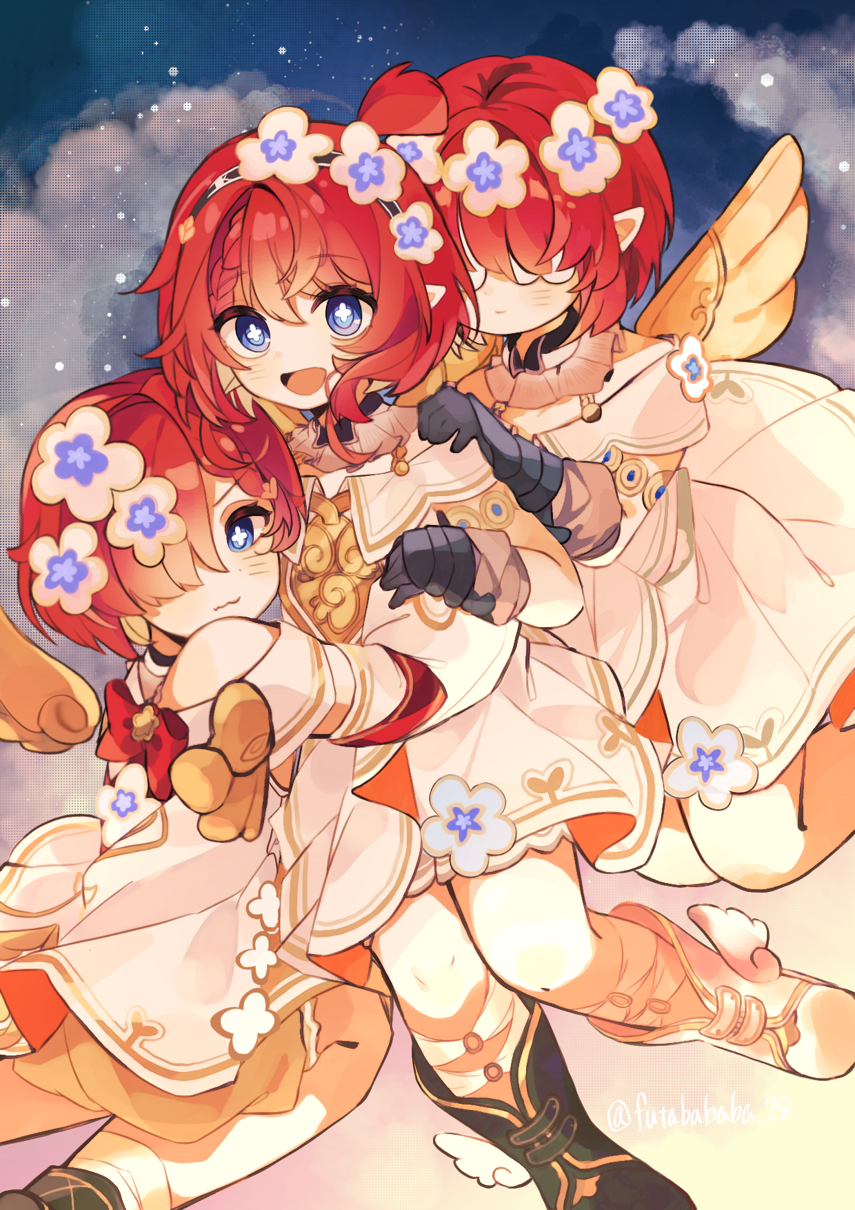 futabababa 28, trianne (honkai: star rail), tribbie (honkai: star rail), trinnon (honkai: star rail), honkai: star rail, honkai (series), commentary request, highres, 3girls, ancient greek clothes, angel wings, asymmetrical footwear, black boots, black gloves, boots, closed mouth, cloud, cross-shaped pupils, dress, eye mask, flower, gloves, greco-roman clothes, hair flower, hair ornament, hair over eyes, hair over one eye, hand on another's shoulder, head wreath, looking at viewer, mask, midair, mismatched footwear, multiple girls, open mouth, pointy ears, short hair, sky, smile, symbol-shaped pupils, triplets, twitter username, white boots, white dress, wings