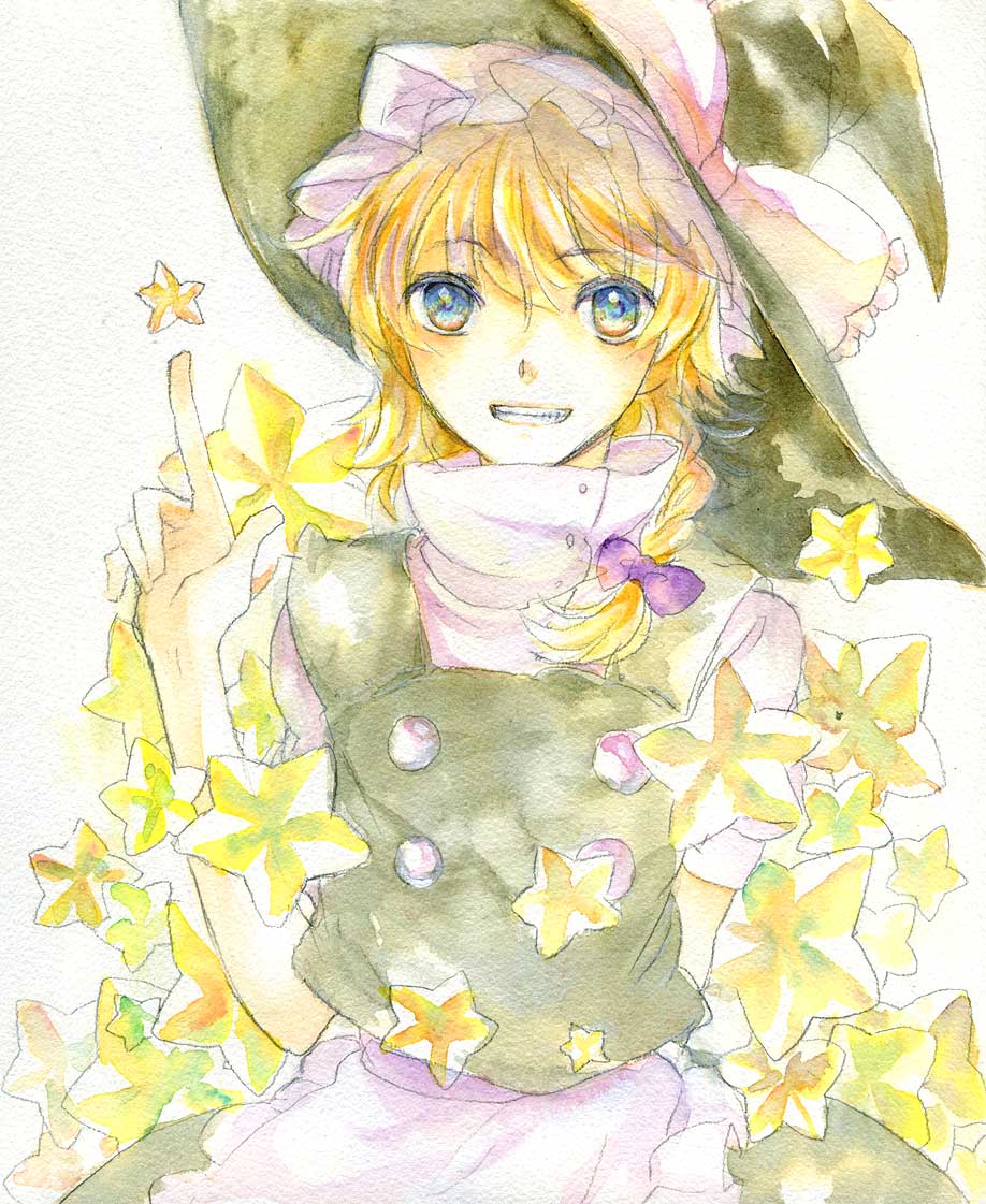 sugi, kirisame marisa, touhou, painting (medium), traditional media, watercolor (medium), 1girl, arms behind back, blonde hair, blue eyes, braid, female focus, grin, hair ribbon, hat, pointing, ribbon, skirt, smile, solo, star (symbol), white background, witch, witch hat