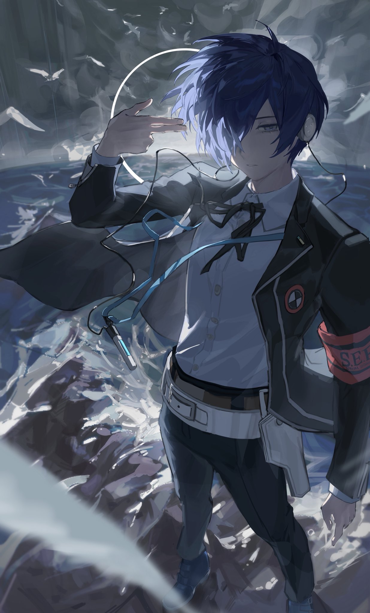 arinnixxx1103, yuuki makoto (persona 3), persona, persona 3, commentary, hashtag-only commentary, highres, 1boy, ahoge, arm at side, armband, beach, bird, black jacket, black pants, black ribbon, blue hair, blue shoes, digital walkman, dress shirt, earphones, finger gun, finger gun to head, foreshortening, grey eyes, hair over one eye, half-closed eye, hand up, holster, jacket, long sleeves, looking at viewer, male focus, mp3 player, one eye covered, open clothes, open jacket, outdoors, pants, parted lips, red armband, ribbon, s.e.e.s, shirt, shoes, short hair, solo, standing, walkman nw-s203f, water, waves, white bird, white shirt, wing collar