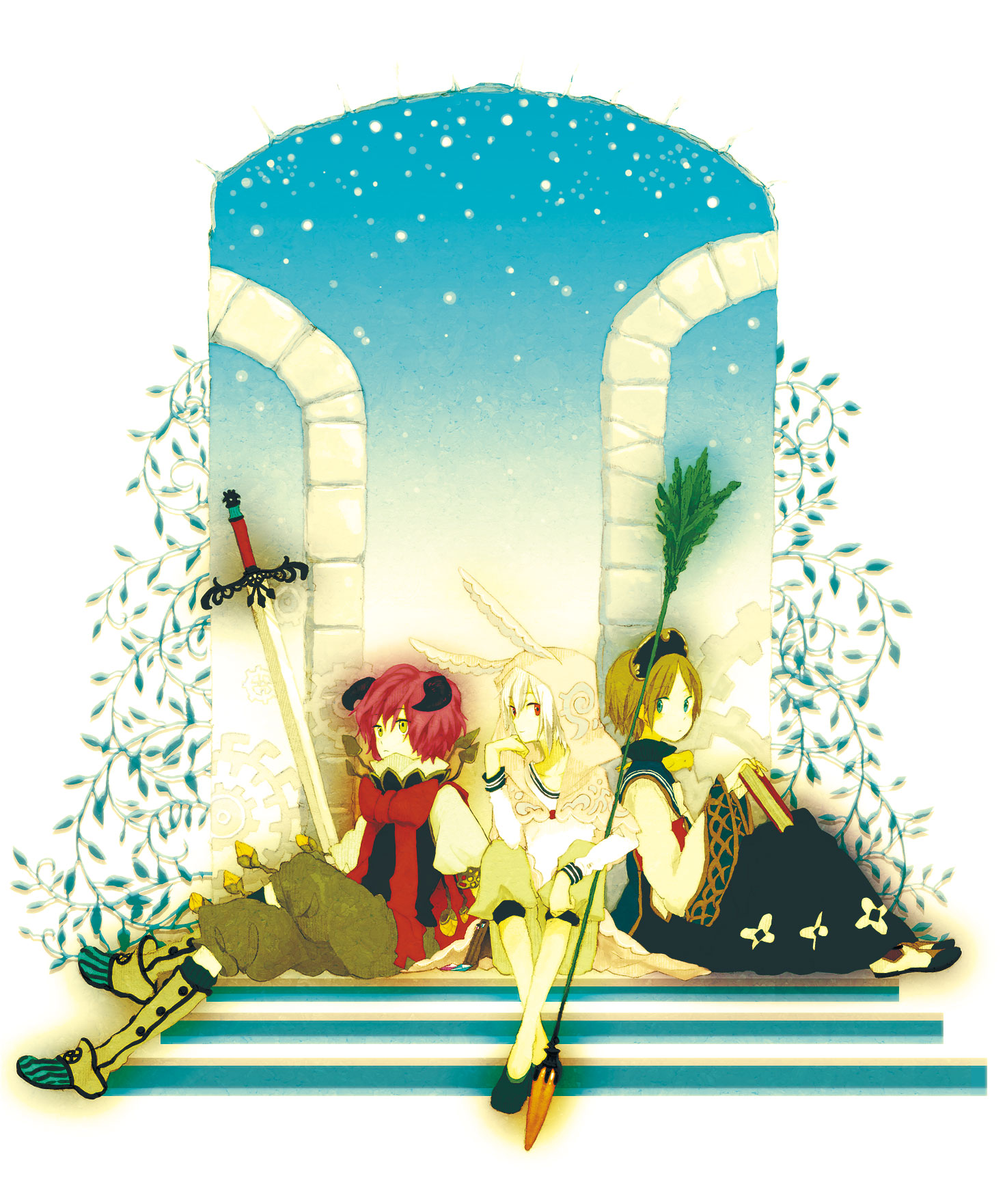 sugi, bad id, bad pixiv id, character request, highres, blue eyes, book, horns, red eyes, red hair, short hair, sword, weapon, white hair, yellow eyes