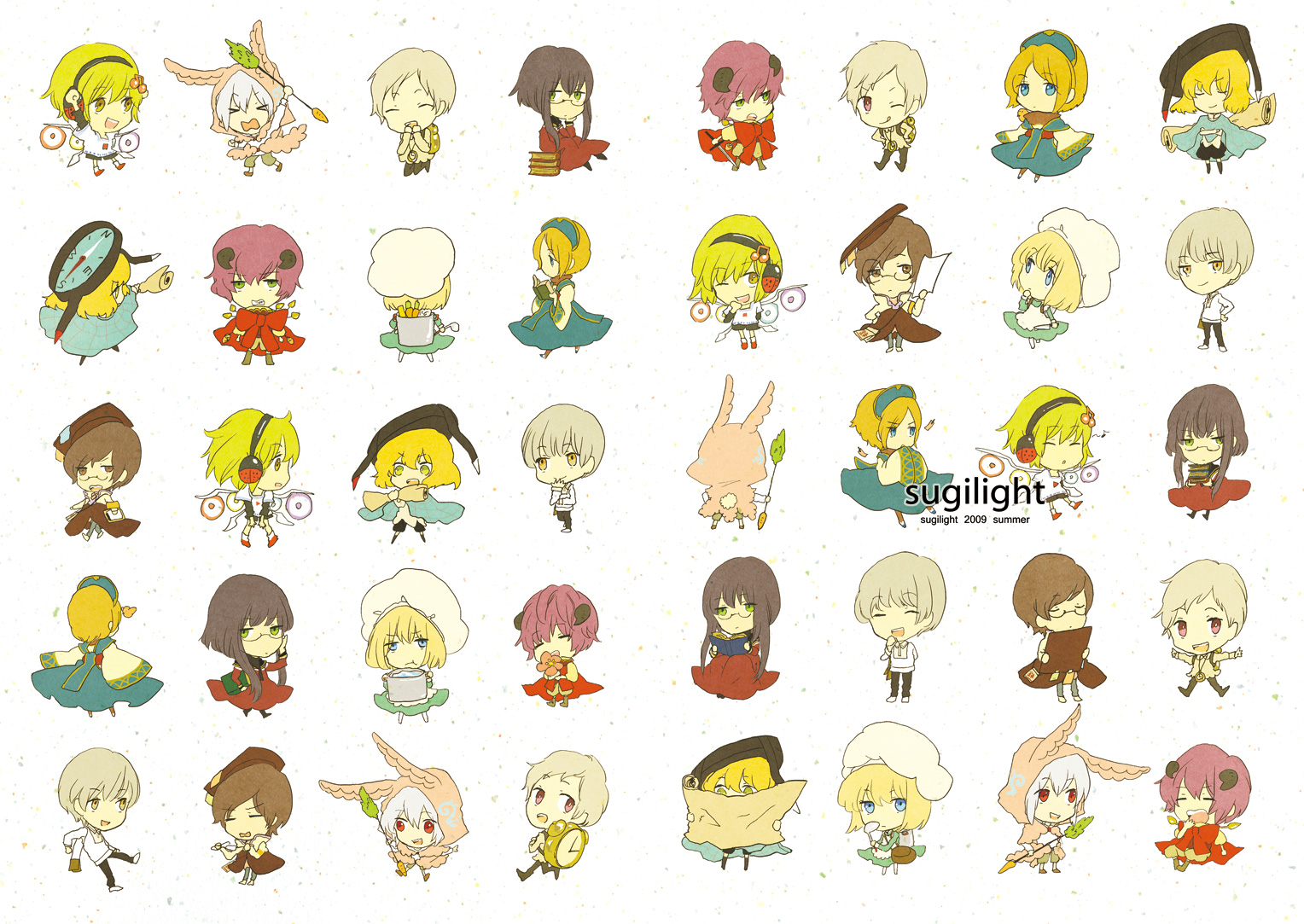 sugi, bad id, bad pixiv id, character request, 3boys, 4girls, blonde hair, blue eyes, chibi, glasses, green eyes, hat, horns, multiple boys, multiple girls, red eyes