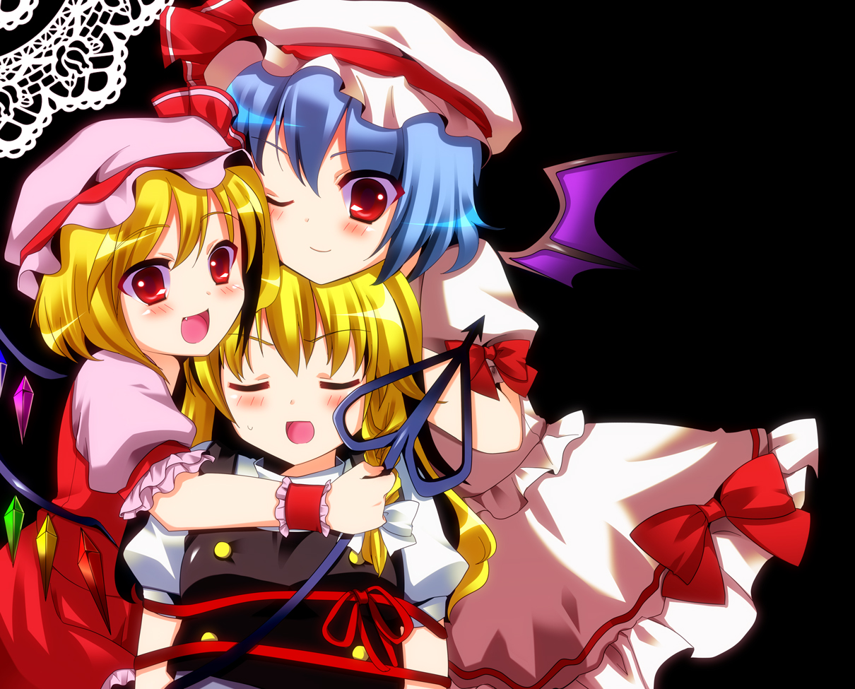 adaajt, flandre scarlet, kirisame marisa, remilia scarlet, touhou, 3girls, bat wings, blonde hair, blue hair, braid, closed eyes, female focus, hat, multiple girls, red eyes, ribbon, short hair, skirt, upper body, wings, wink