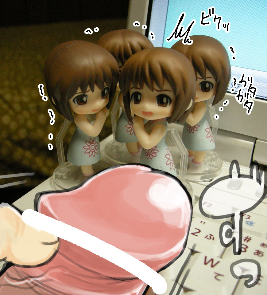 nendoroid, photo (medium), censored, chibi, computer, computer keyboard, figure, loli, mini person, minigirl, penis, scared, trembling