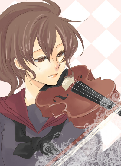 xxcarillonxx, ushiromiya natsuhi, umineko no naku koro ni, bad id, bad pixiv id, 00s, brown eyes, brown hair, instrument, lipstick, makeup, solo, violin