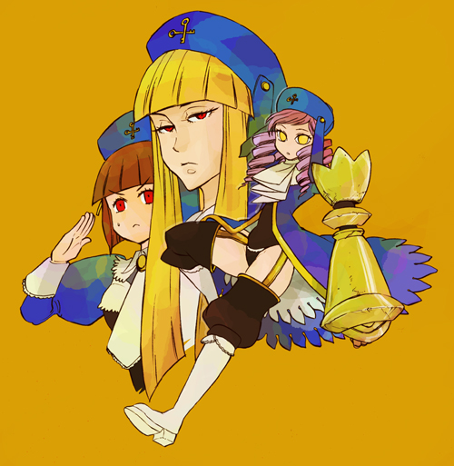 mamekuma, cornelia (umineko), dlanor a. knox, eiserne jungfrau, gertrude (umineko), umineko no naku koro ni, bad id, bad pixiv id, 00s, blonde hair, brown hair, drill hair, frills, gauntlets, hat, purple hair, red eyes, yellow eyes