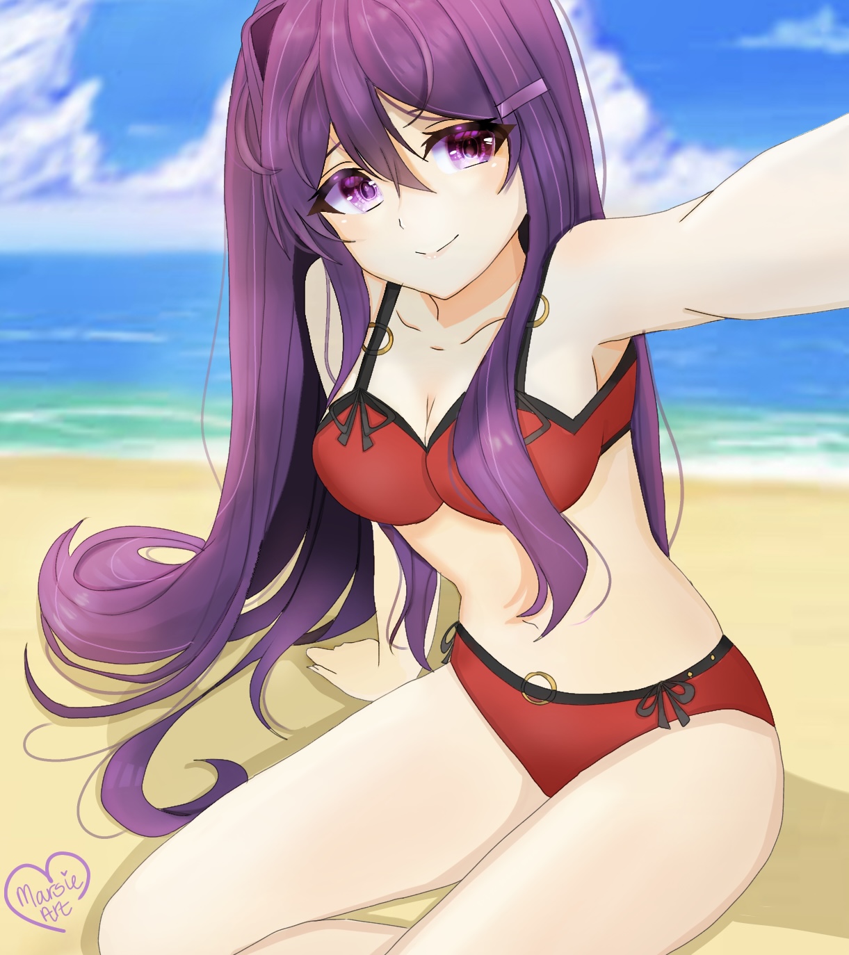 yuri (doki doki literature club), doki doki literature club, 1girl, alternate costume, armpits, artist logo, artist name, beach, bikini, breasts, cleavage, cloud, cloudy sky, collarbone, eyebrows hidden by hair, eyelashes through hair, hair between eyes, hair intakes, logo, long hair, marsieart, navel, ocean, purple eyes, purple hair, red bikini, ribbon, sand, skindentation, sky, smile, swimsuit, very long hair, water