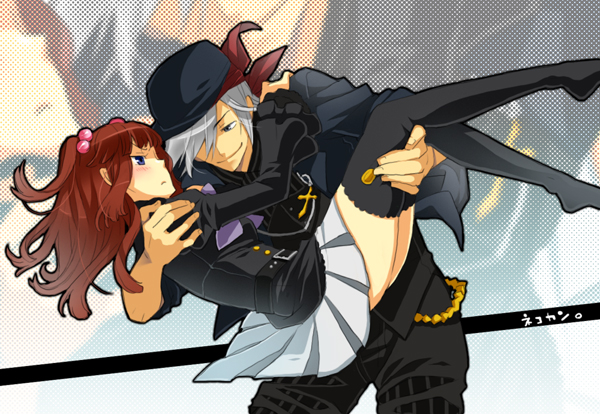 kisa (toricoroad), amakusa juuza, ushiromiya ange, umineko no naku koro ni, silver hair, bad id, bad pixiv id, 00s, 1boy, 1girl, blue eyes, hair bobbles, hair ornament, jacket, long hair, short hair, smile, thighhighs, twintails, zettai ryouiki, zoom layer