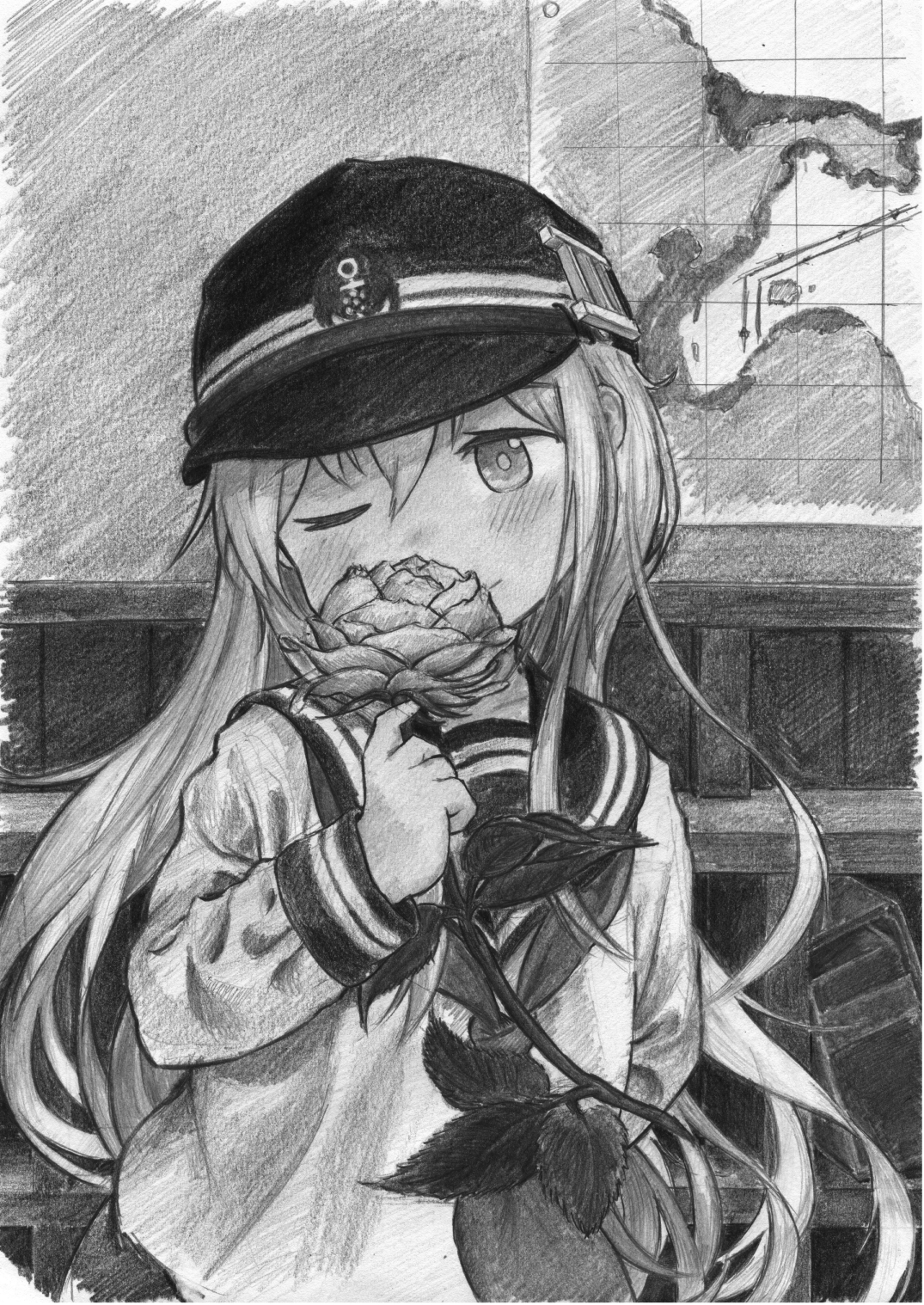 irogawara naomitu, hibiki (kancolle), kantai collection, commentary request, graphite (medium), highres, traditional media, 1girl, blush, flower, greyscale, hat, holding, holding flower, long hair, looking at viewer, monochrome, one eye closed, rose, school uniform, serafuku, solo