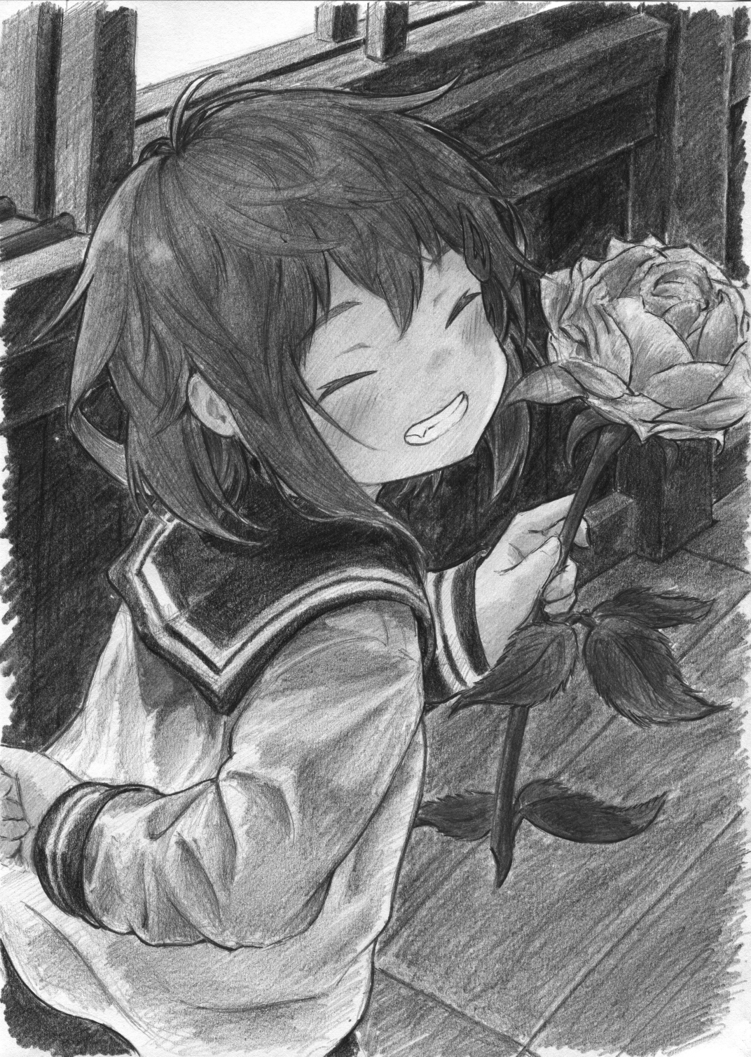 irogawara naomitu, ikazuchi (kancolle), kantai collection, commentary request, graphite (medium), highres, traditional media, 1girl, blush, closed eyes, facing viewer, flower, greyscale, hat, holding, holding flower, long hair, monochrome, rose, school uniform, serafuku, short hair, smile, solo