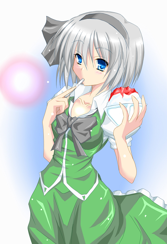 luna (gunfire), konpaku youmu, touhou, silver hair, 1girl, blue eyes, blush, eating, female focus, food, gradient background, hairband, shaved ice, short hair, skirt, solo, white background