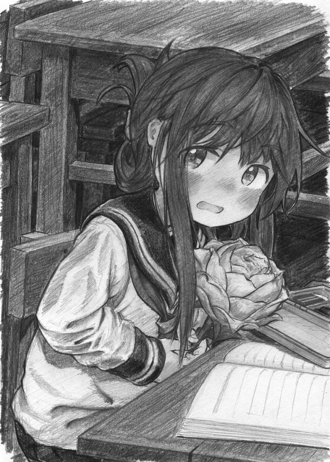 irogawara naomitu, inazuma (kancolle), kantai collection, commentary request, graphite (medium), highres, traditional media, 1girl, blush, flower, folded ponytail, greyscale, hat, holding, holding flower, long hair, looking at viewer, monochrome, open mouth, rose, school uniform, serafuku, sitting, solo