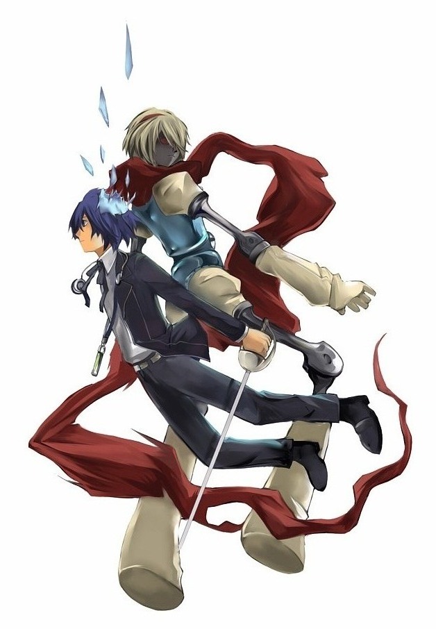 orpheus (persona), yuuki makoto (persona 3), atlus, persona, persona 3, headphones, mp3 player, scarf, school uniform, sword, weapon