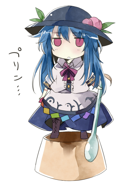 kimino tomonari, hinanawi tenshi, touhou, 1girl, :<, blue hair, chibi, female focus, food, fruit, hat, jitome, long hair, oversized object, peach, pudding, red eyes, solo, spoon