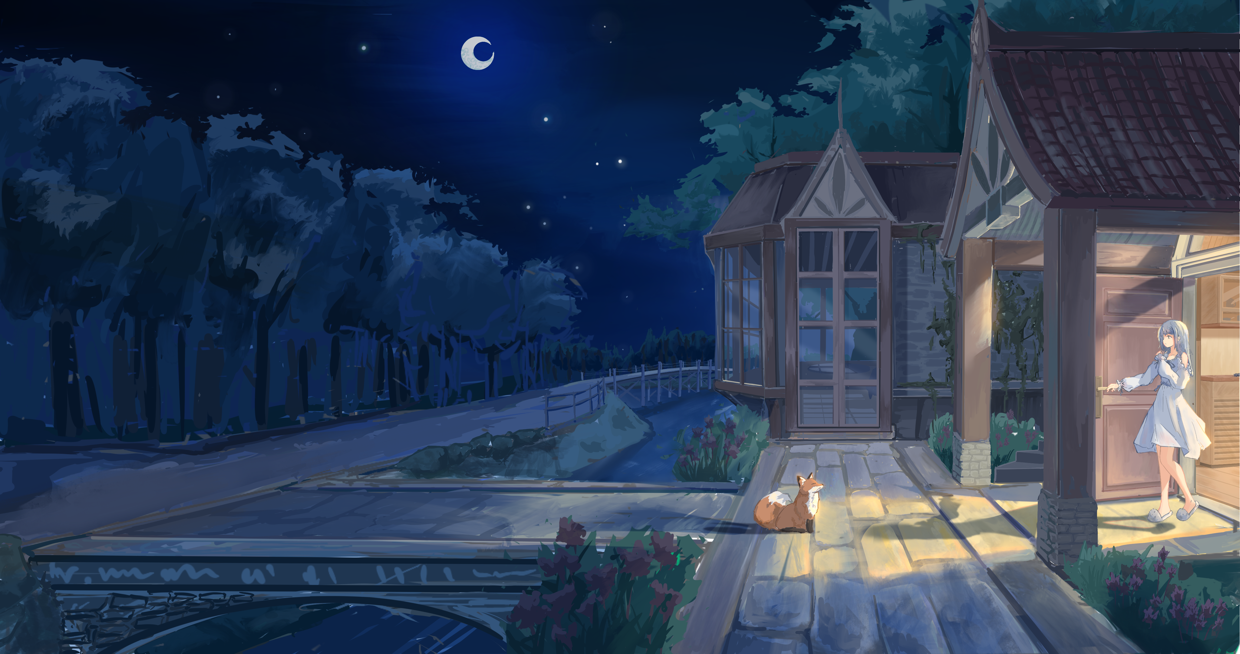 mavv, original, absurdres, bilingual commentary, chinese commentary, commentary, commentary request, english commentary, highres, mixed-language commentary, partial commentary, 1girl, bridge, building, bush, canal, crack of light, crescent moon, dress, fence, flower, forest, fox, from side, grey hair, house, long hair, looking at animal, looking at another, moon, nature, night, night sky, open door, outdoors, scenery, sky, slippers, standing, star (sky), stone walkway, stream, tree, white dress, wide shot